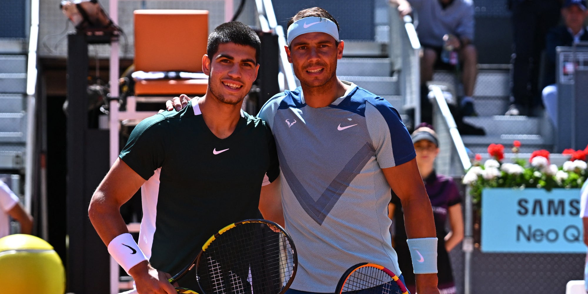 Carlos Alcaraz et Rafael Nadal, ici lors des quarts de finale du Masters de Madrid 2022, s'affrontent ce dimanche à l'occasion du Netflix Slam.