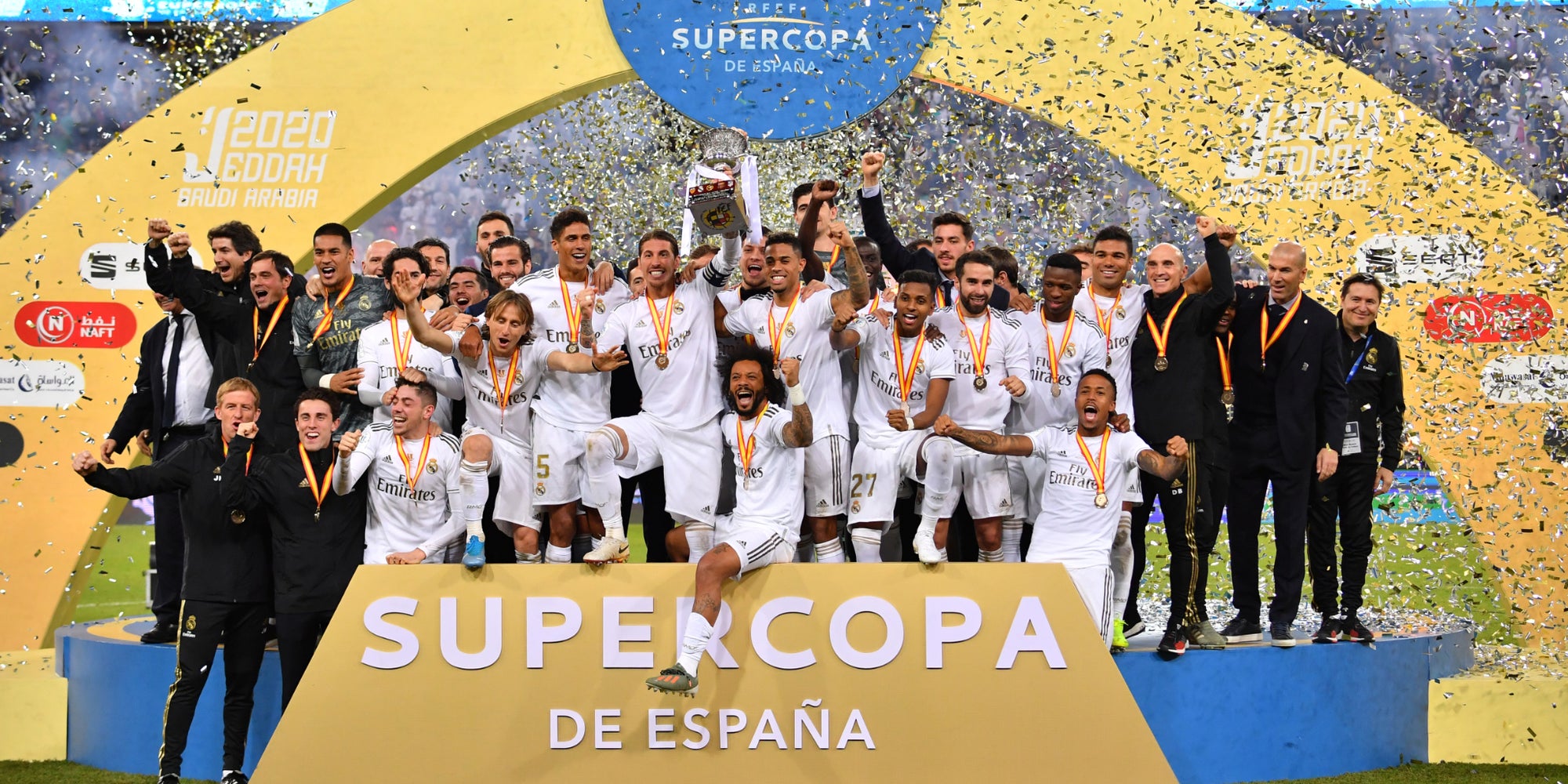 Le Real Madrid, vainqueur de la Supercoupe d'Espagne 2019-20, au stade Roi-Abdallah de Djeddah, en Arabie Saoudite.