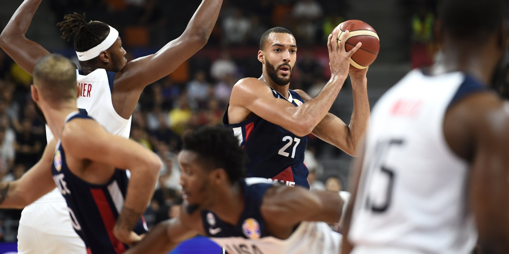 Rudy Gobert en quarts de finale de Coupe du Monde de basket face aux États-Unis, à Dongguan, le 11 septembre 2019.