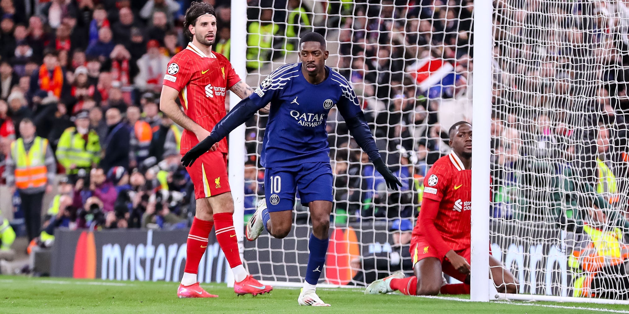 Ousmane Dembélé après son but en huitième de finale retour contre Liverpool, le 11 mars 2025 à Anfield.