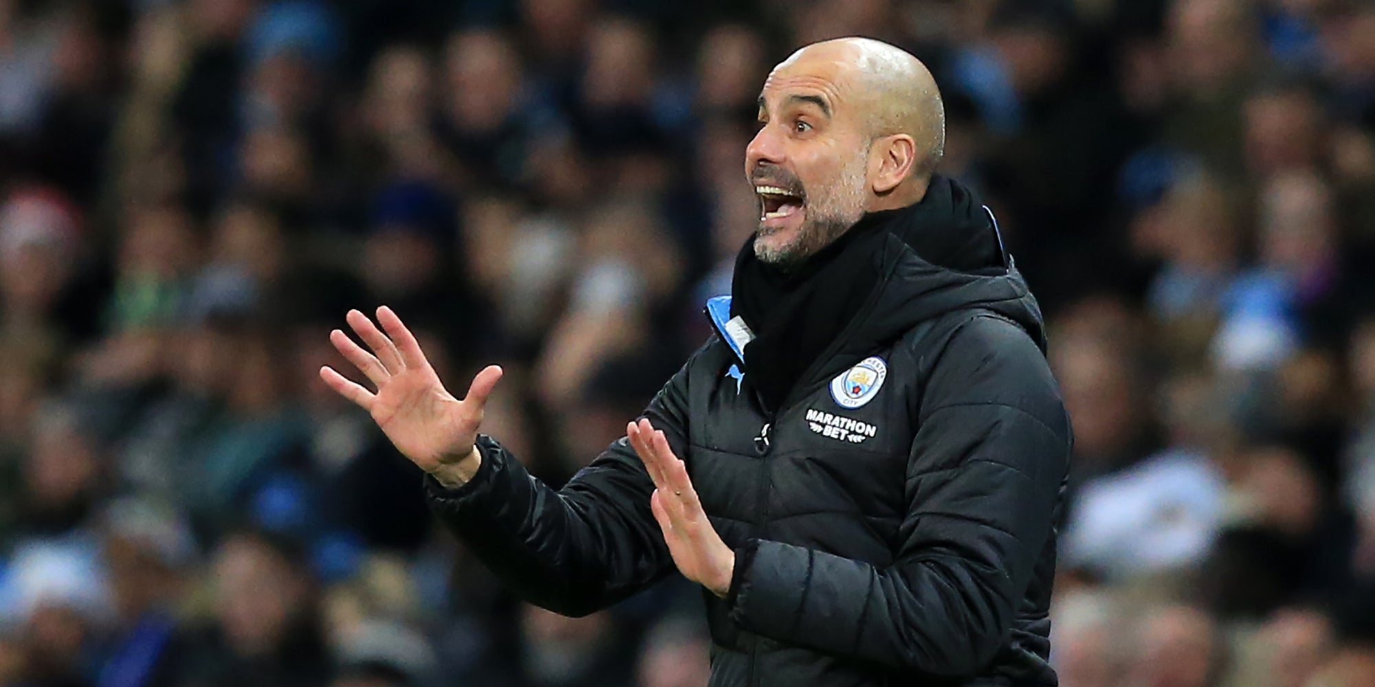 Pep Guardiola lors d'un match de Premier League de Manchester City face à Leicester, au stade Etihad à Manchester, le 21 décembre 2019.