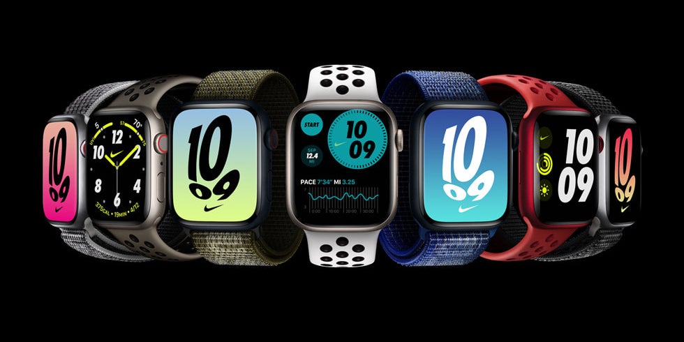 L'Apple Watch Series 8 dans son édition Nike, avec différents bracelets dédiés au sport. 