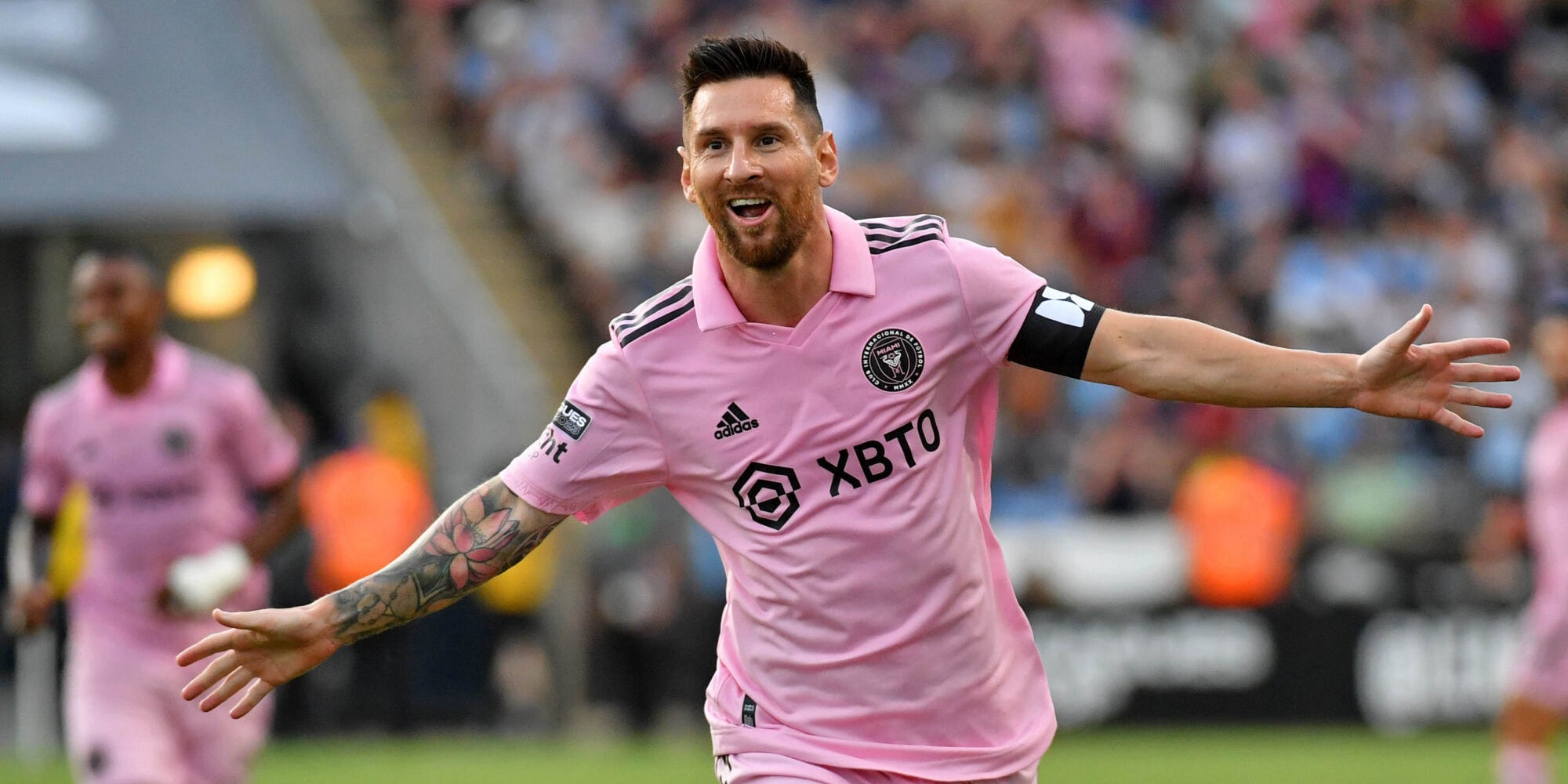 Lionel Messi célébrant son but face à l'Union de Philadelphie, le 15 août 2023 au Subaru Park de Chester. 