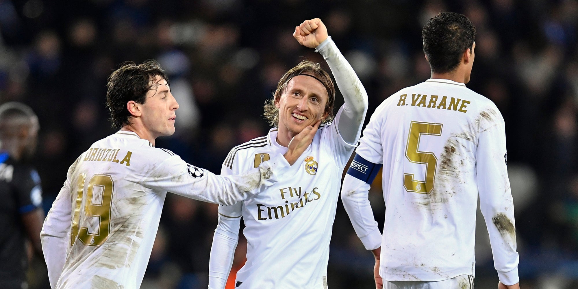 Alvaro Odriozola, Luka Modric et Raphaël Varane lors du match de Ligue des Champions Club Brugge - Real Madrid, le 11 décembre 2019.