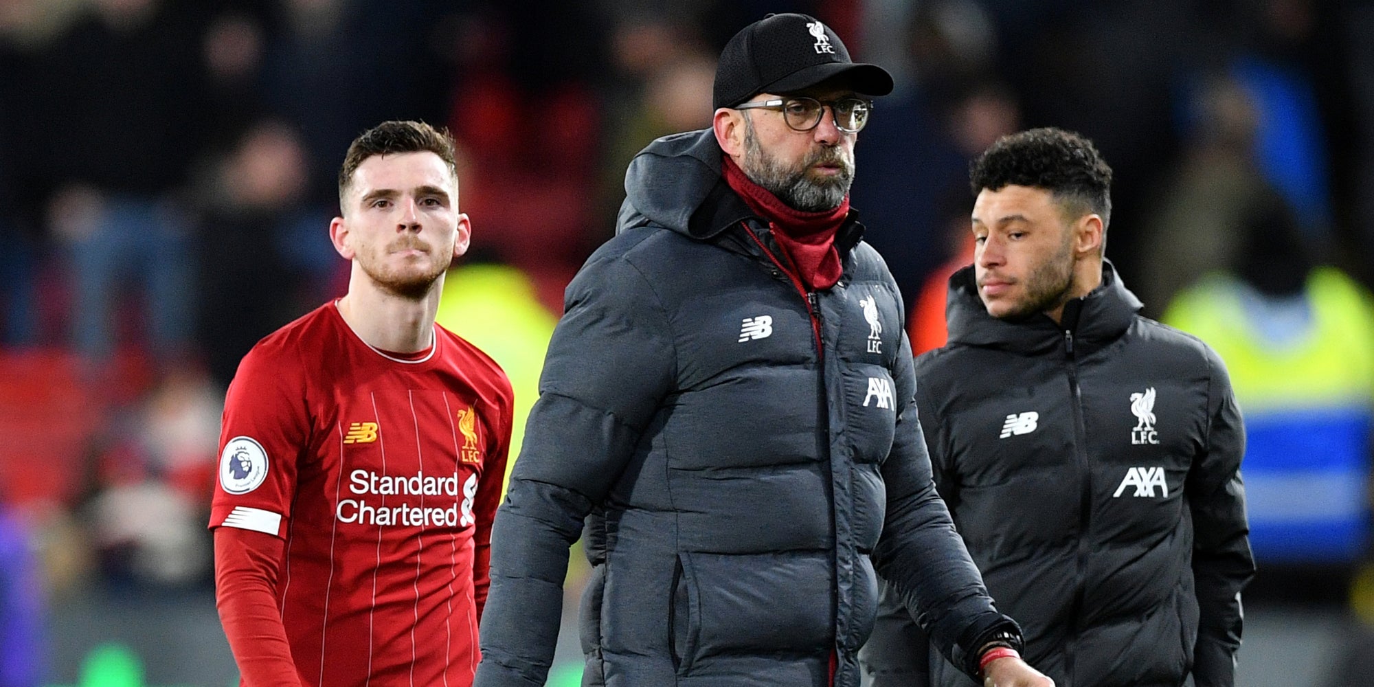 Robertson, Klopp et Chamberlain après la défaite de Liverpool à Watford, le 29 février 2020 
