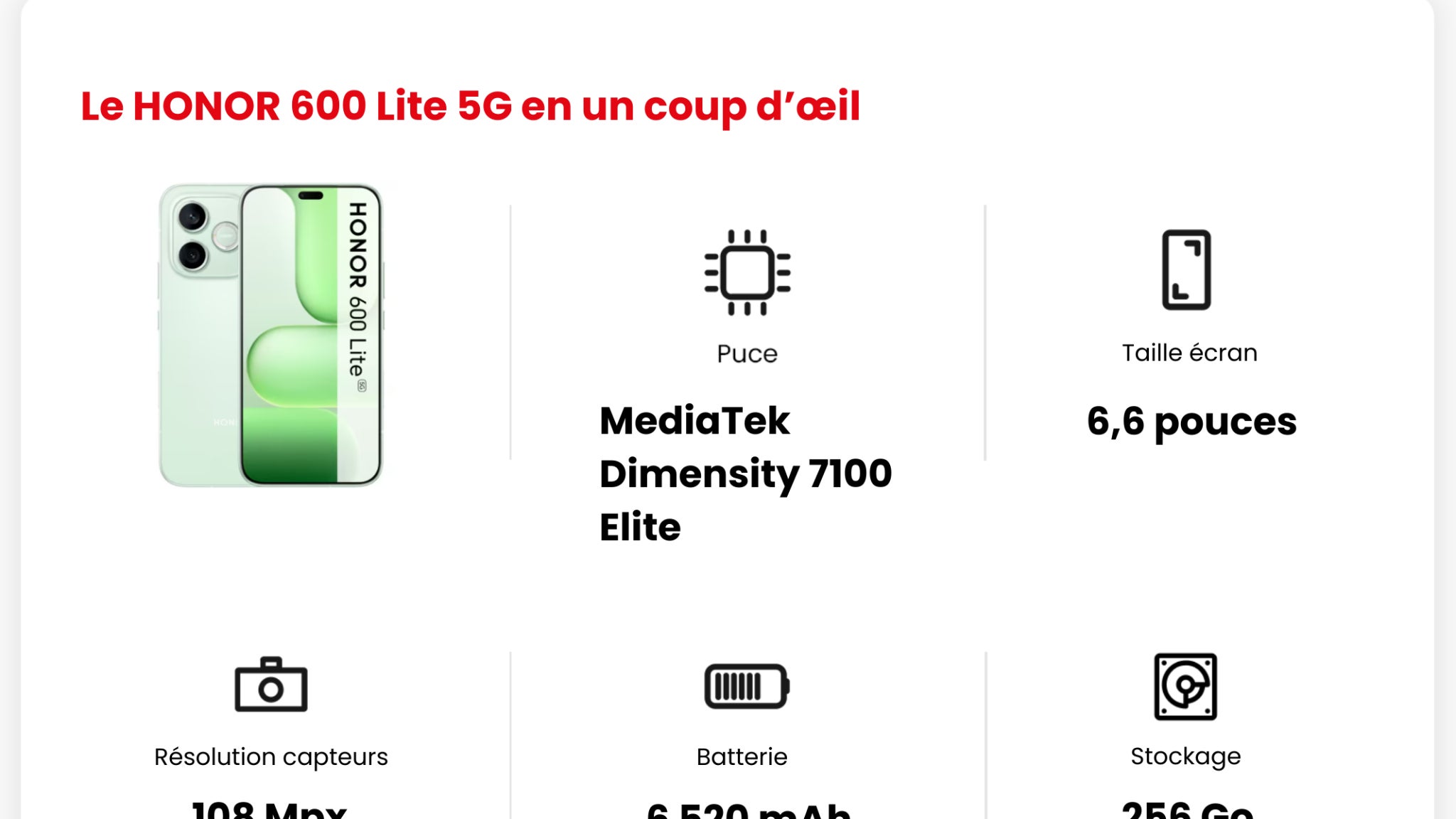 Les principales caractéristiques du HONOR 600 Lite 5G. Les principales caractéristiques du HONOR 600 Lite 5G.