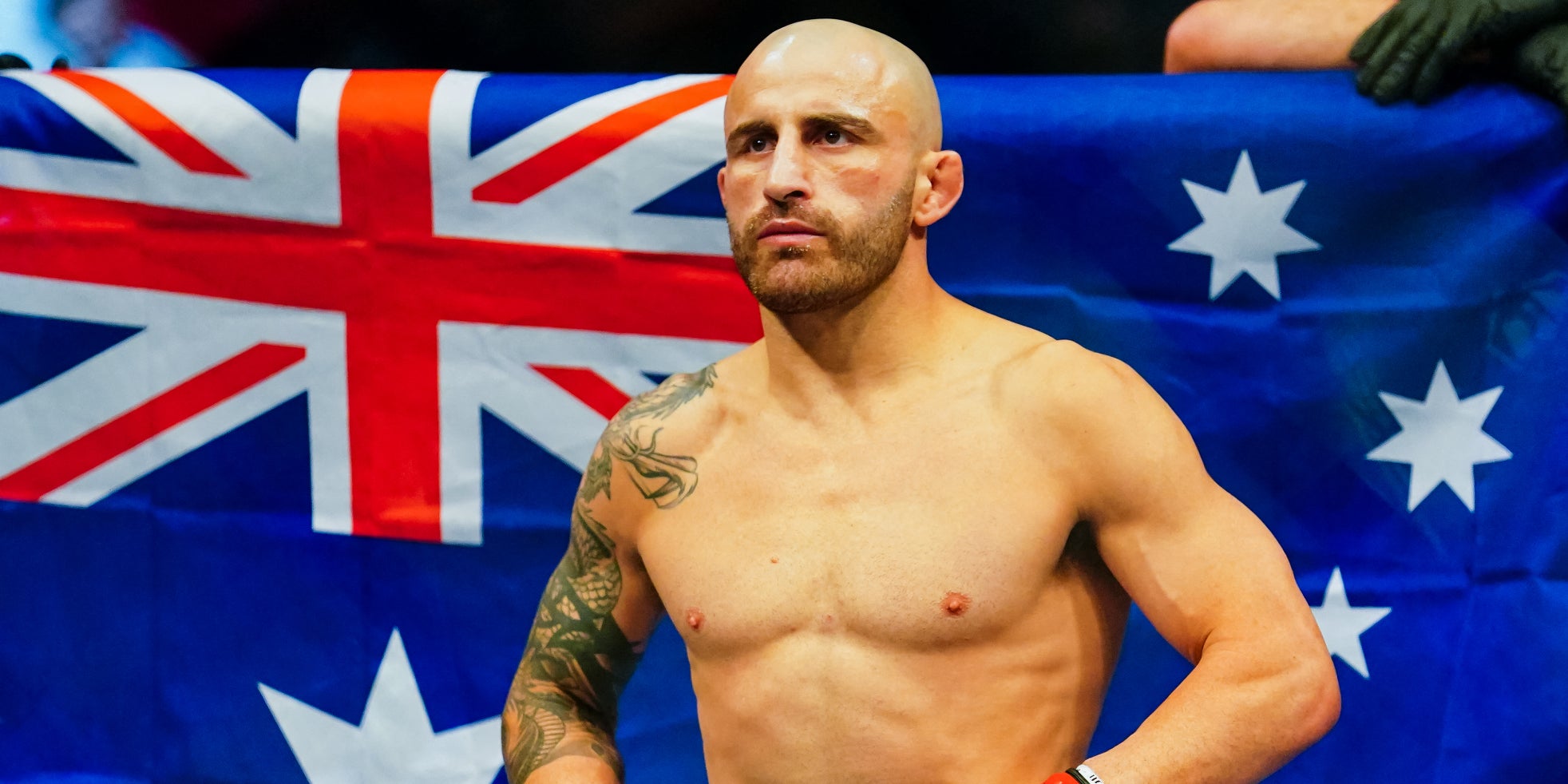 Alexander Volkanovski lors de son combat contre Brian Ortega lors de l'UFC 266, le 25 septembre 2021 à Las Vegas, États-Unis