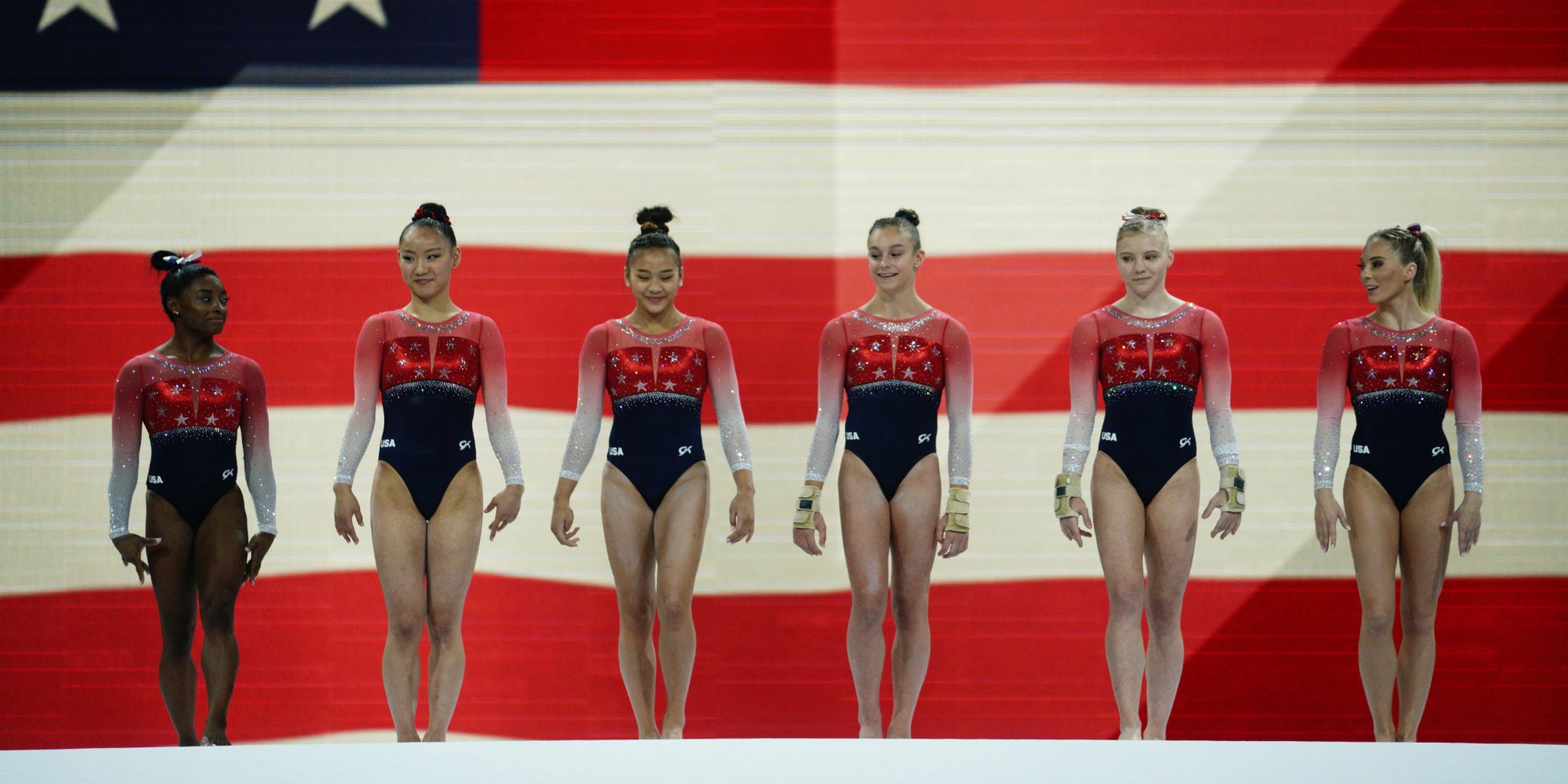 Les Américaines se présentent à la finale féminine par équipe aux Mondiaux de gymnastique à Stuttgart, le 8 octobre 2019.
