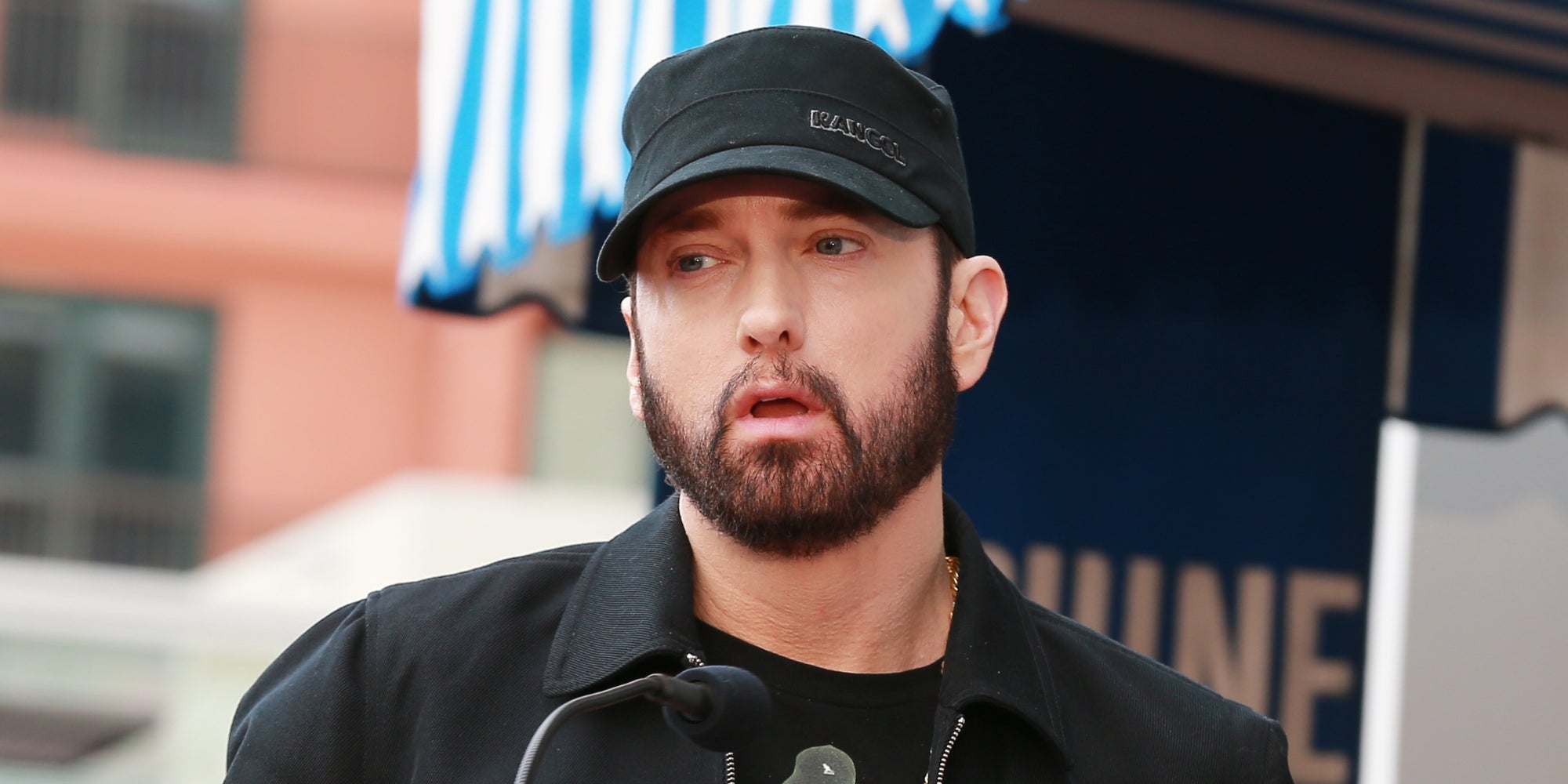 Eminem durant la cérémonie pour l'étoile de 50 cent au Hollywood Walk of Fame, le 30 janvier 2020 à Hollywood