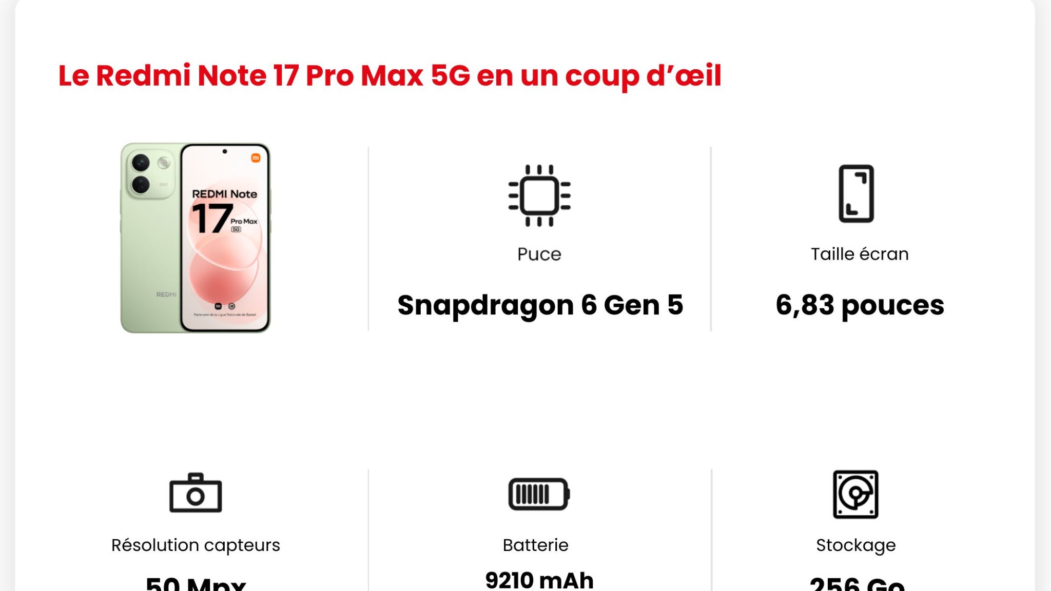Les principales caractéristiques du Redmi Note 17 Pro Max 5G.