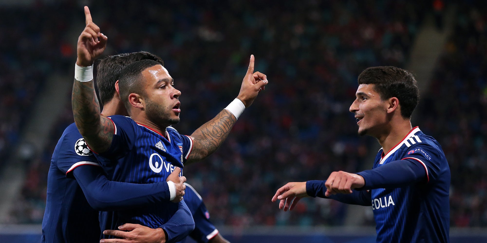 Les joueurs de l'OL lors du match aller, à Leipzig, le 2 octobre 2019