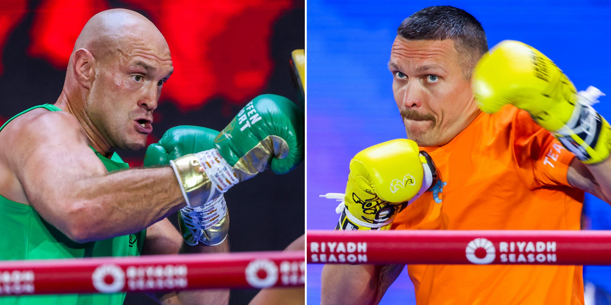 Le Britannique Tyson Fury et l’Ukrainien Oleksandr Usyk s’entraînant à Riyad le 15 mai 2024, avant leur combat pour le titre incontesté des poids lourds ce 18 mai.