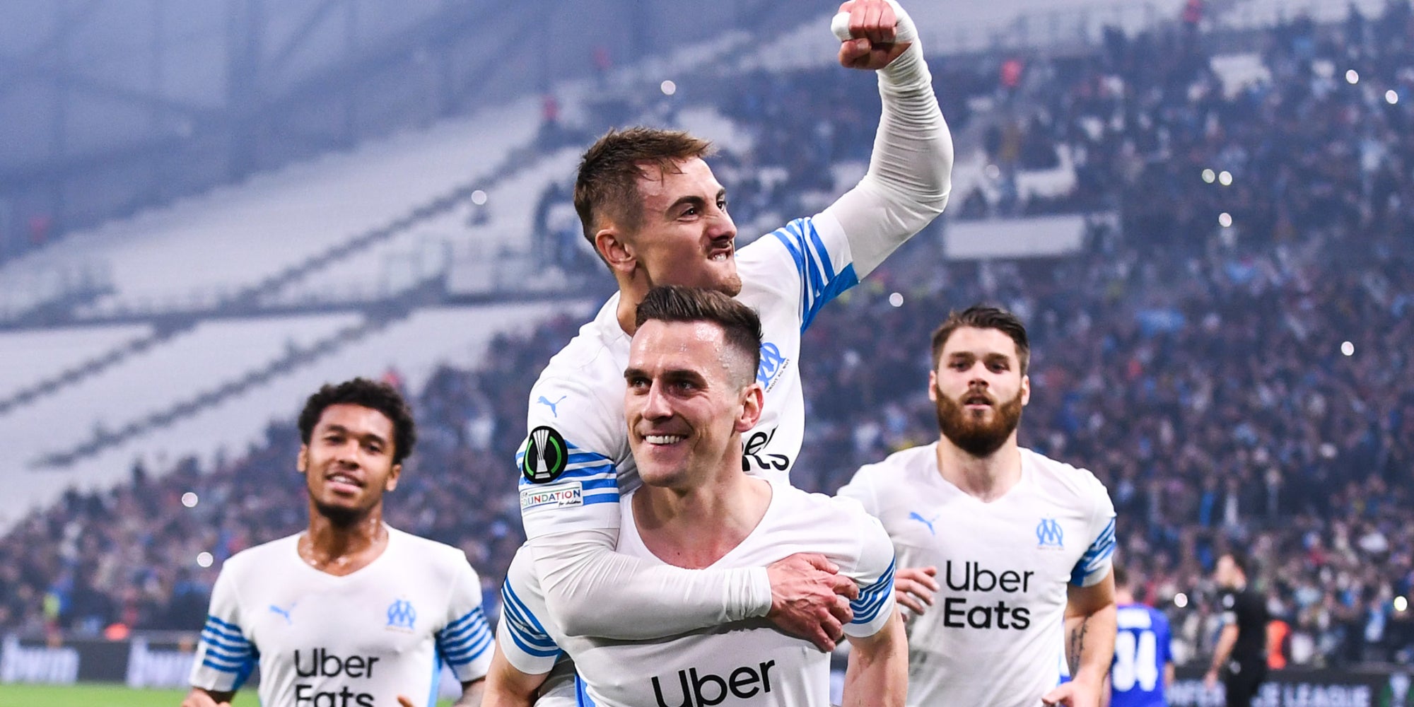 Les joueurs de l'OM contre le FC Bâle en Ligue Europa Conference, le 10 mars 2022 au stade Vélodrome de Marseille