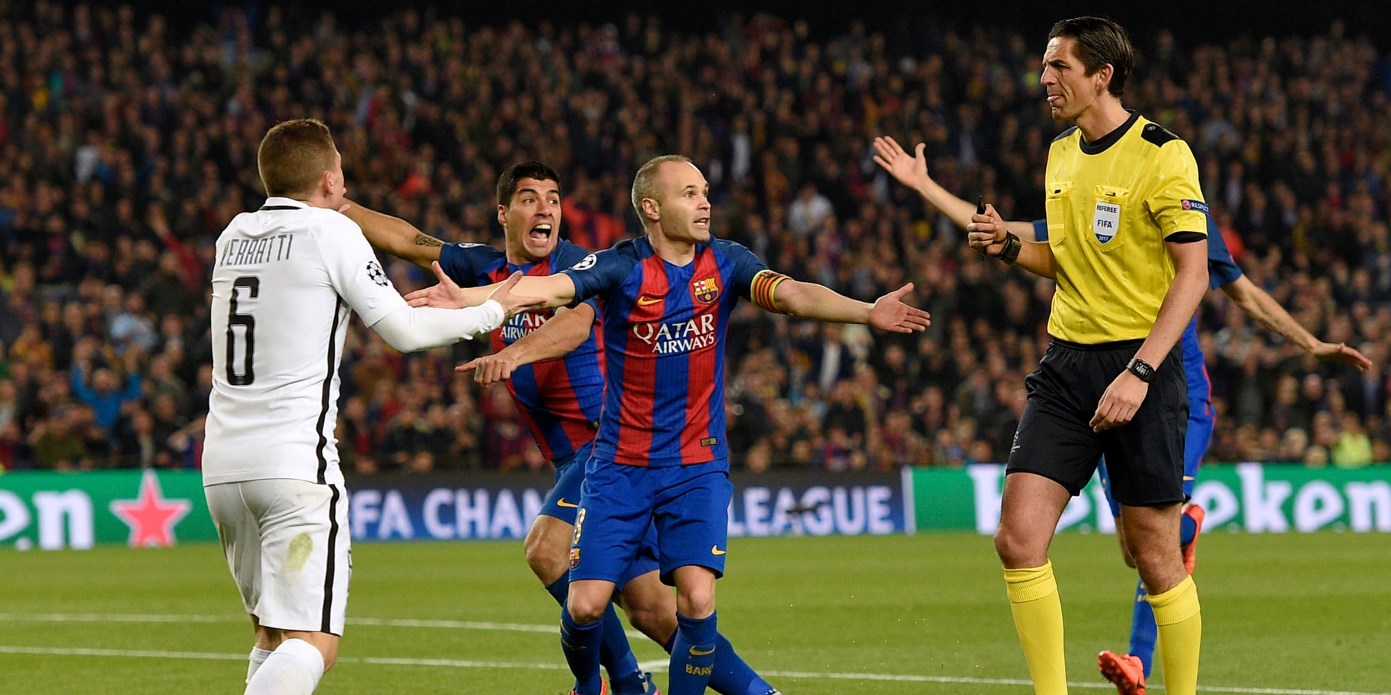 Verratti face aux joueurs du FC Barcelone lors de la fameuse remontada, le 8 mars 2017 à Barcelone