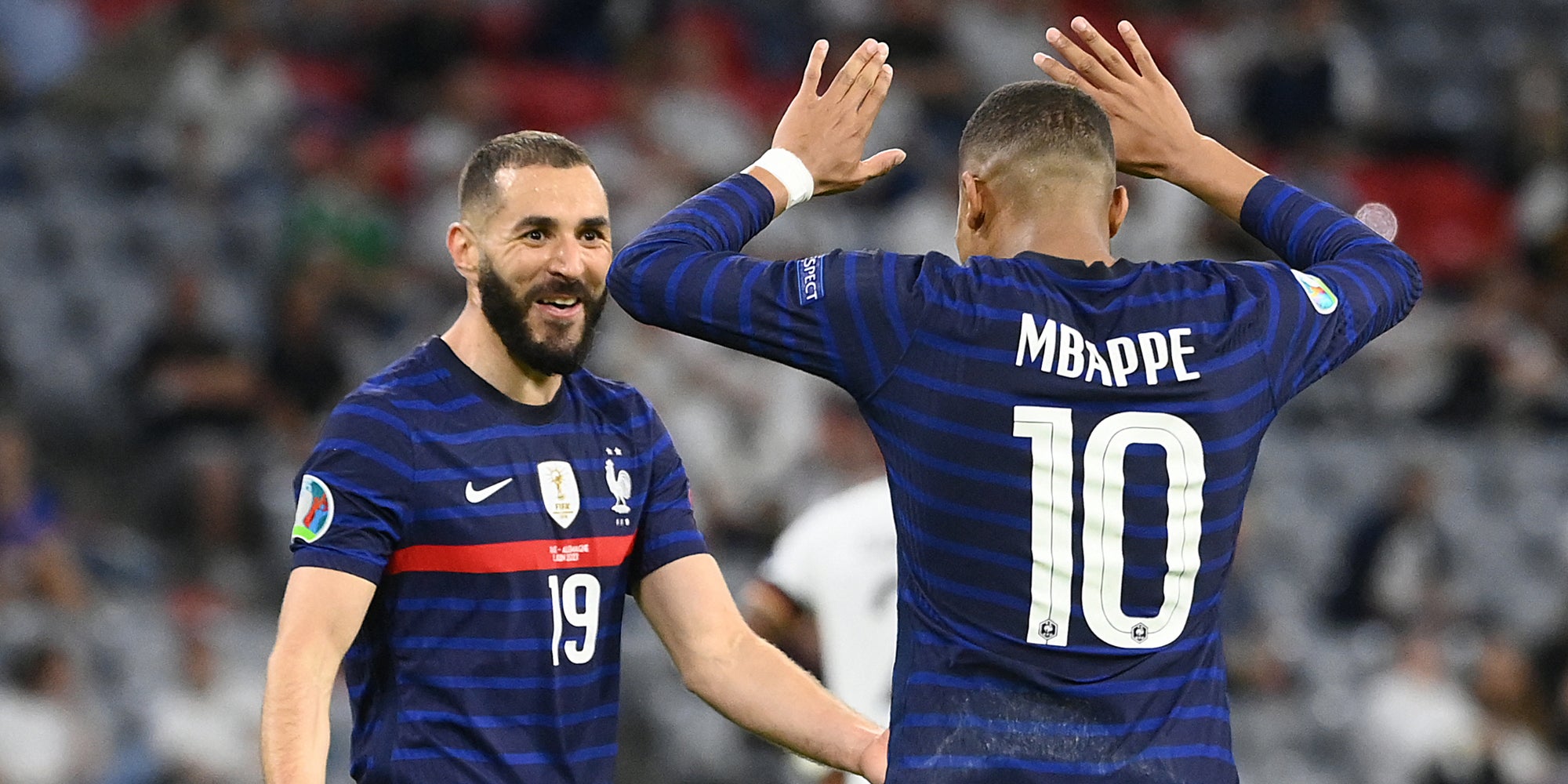 Benzema et Mbappé lors de France-Allemagne à l'Euro 2020, le 15 juin 2021 à l'Allianz Arena, Munich