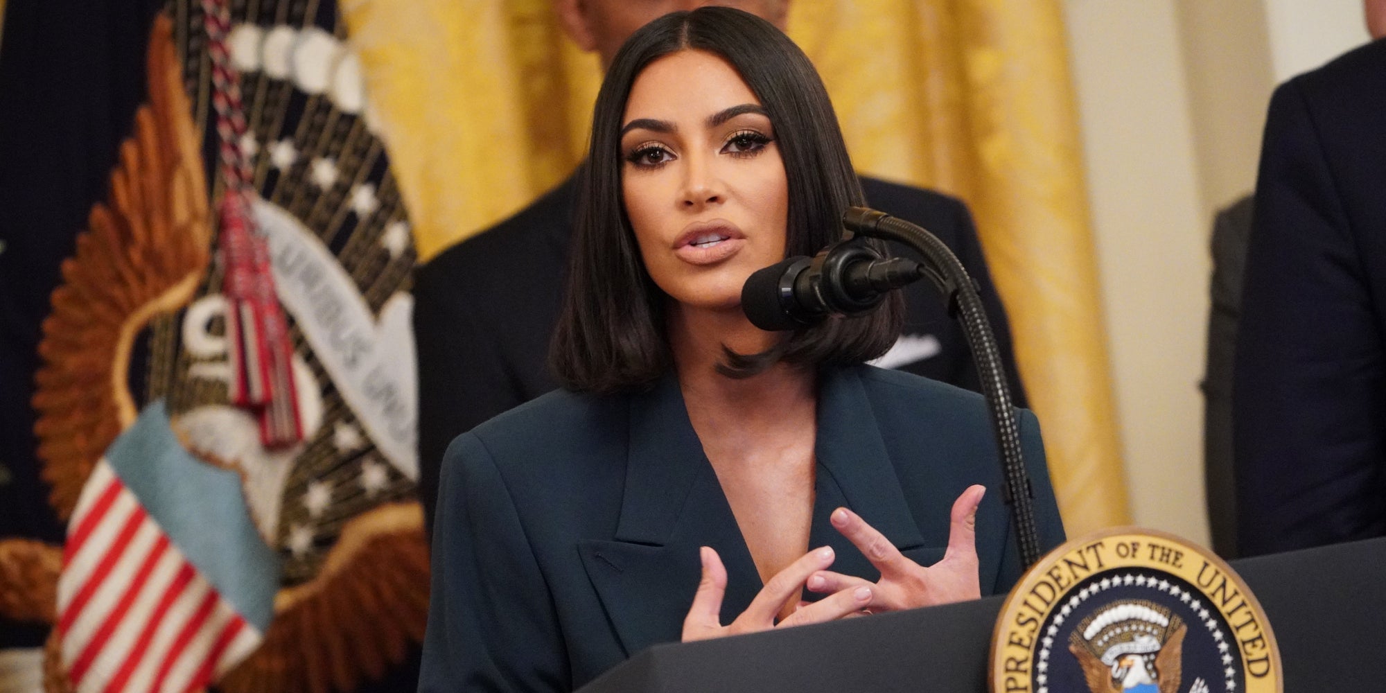 Kim Kardashian lors d'un discours à la Maison Blanche à Washington, le 13 juin 2019.