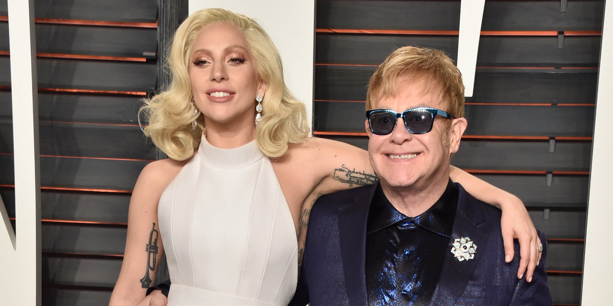 Lady Gaga et Elton John à la Vanity Fair Oscar Party, organisée au Wallis Annenberg Center for the Performing Arts, à Beverly Hills, le 28 février 2016.