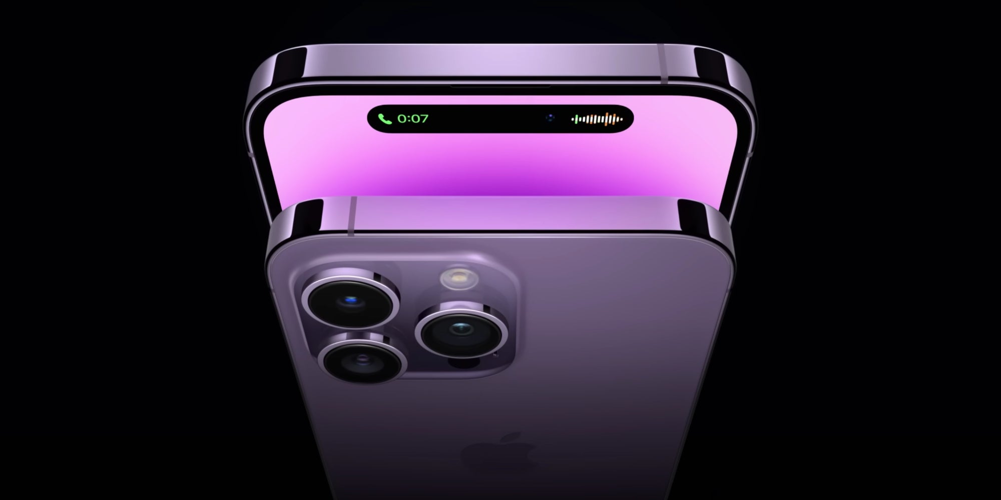 Un aperçu de Dynamic Island, zone d'affichage interactif qui offre une nouvelle expérience tout en cachant la caméra TrueDepth de l'iPhone 14 Pro.