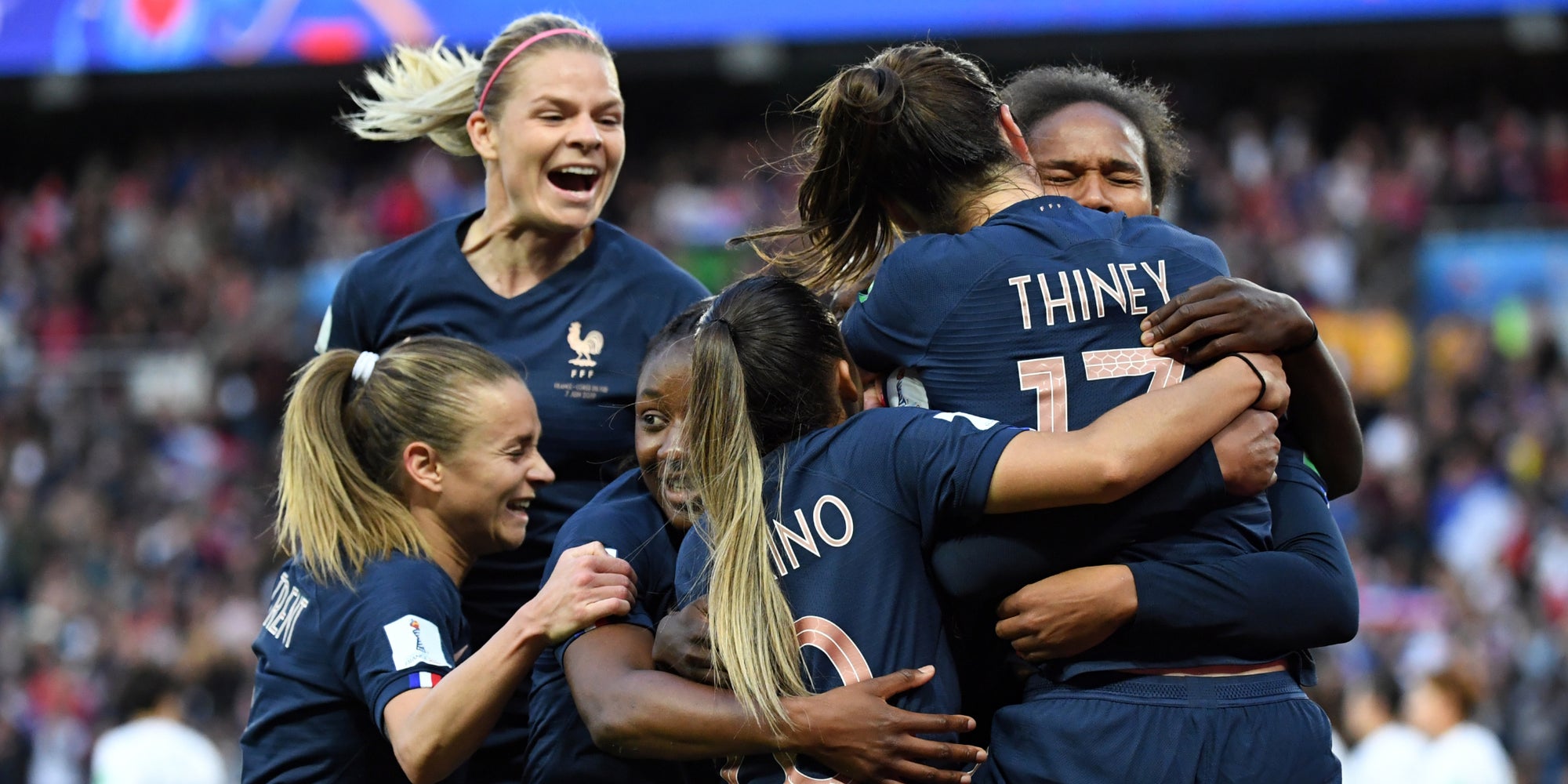 Les Bleues pendant un match face à la Corée du Sud en Coupe du Monde, au Parc des Princes à Paris, le 7 juin 2019.in Paris.