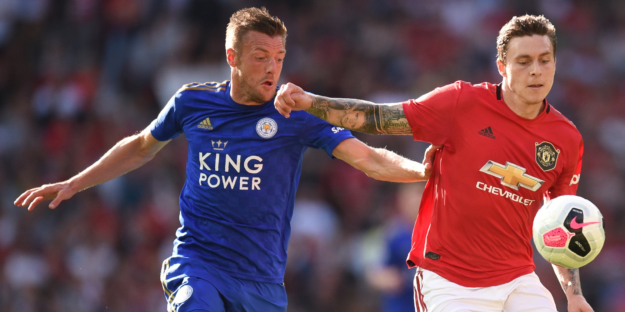 Vardy et Matic à la lutte lors du match aller entre Manchester United et Leicester, le 14 septembre 2019 à Old Trafford, Manchester.