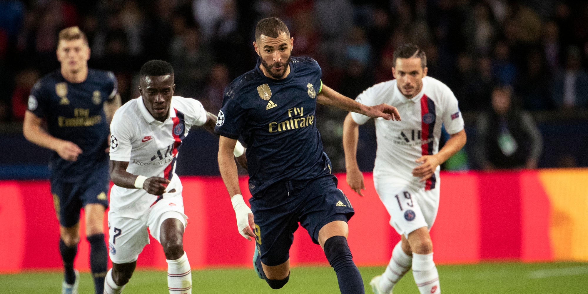 Benzema en action lors de la défaite 3-0 du Real Madrid au match aller, le 18 septembre 2019, au Parc des Princes.
