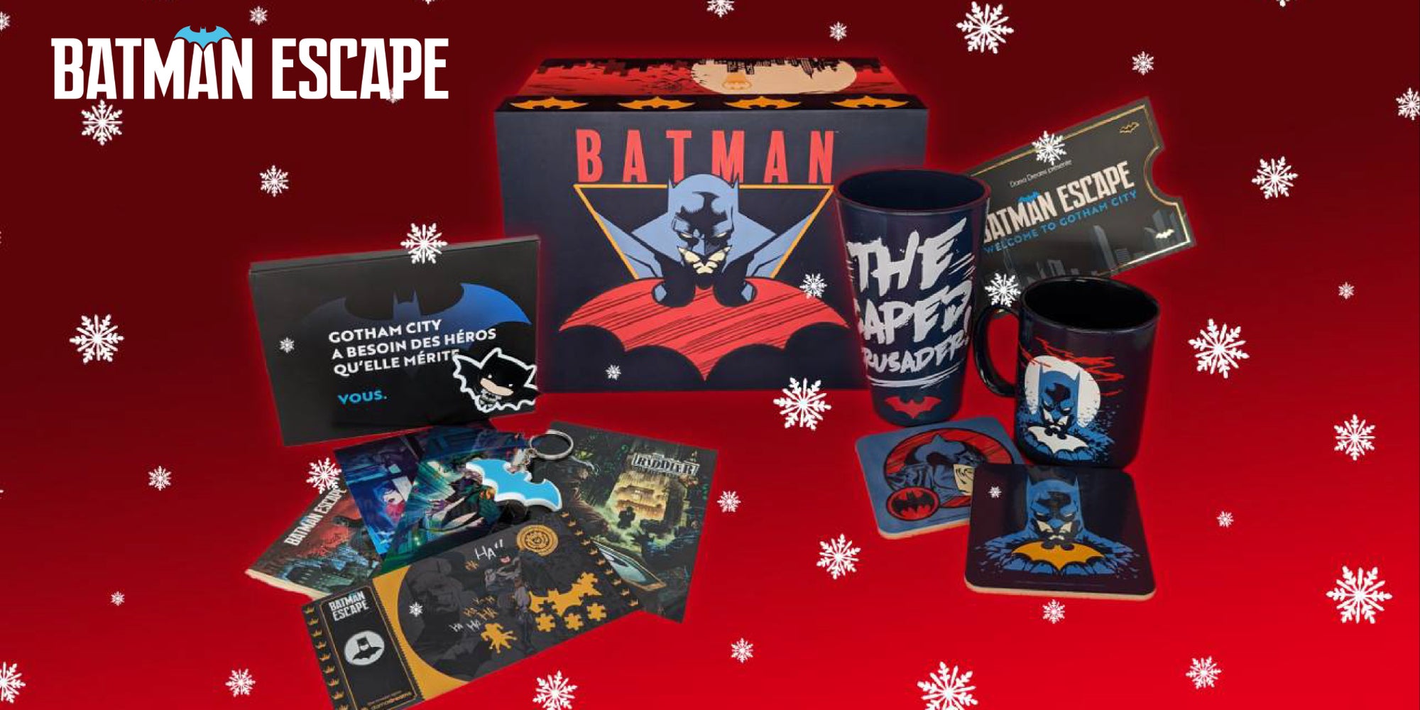 Le Coffret cadeau collector Batman Escape contient évidemment un ticket pour vivre l'expérience immersive, pour quatre personnes, parmi de nombreux autres jolis cadeaux !