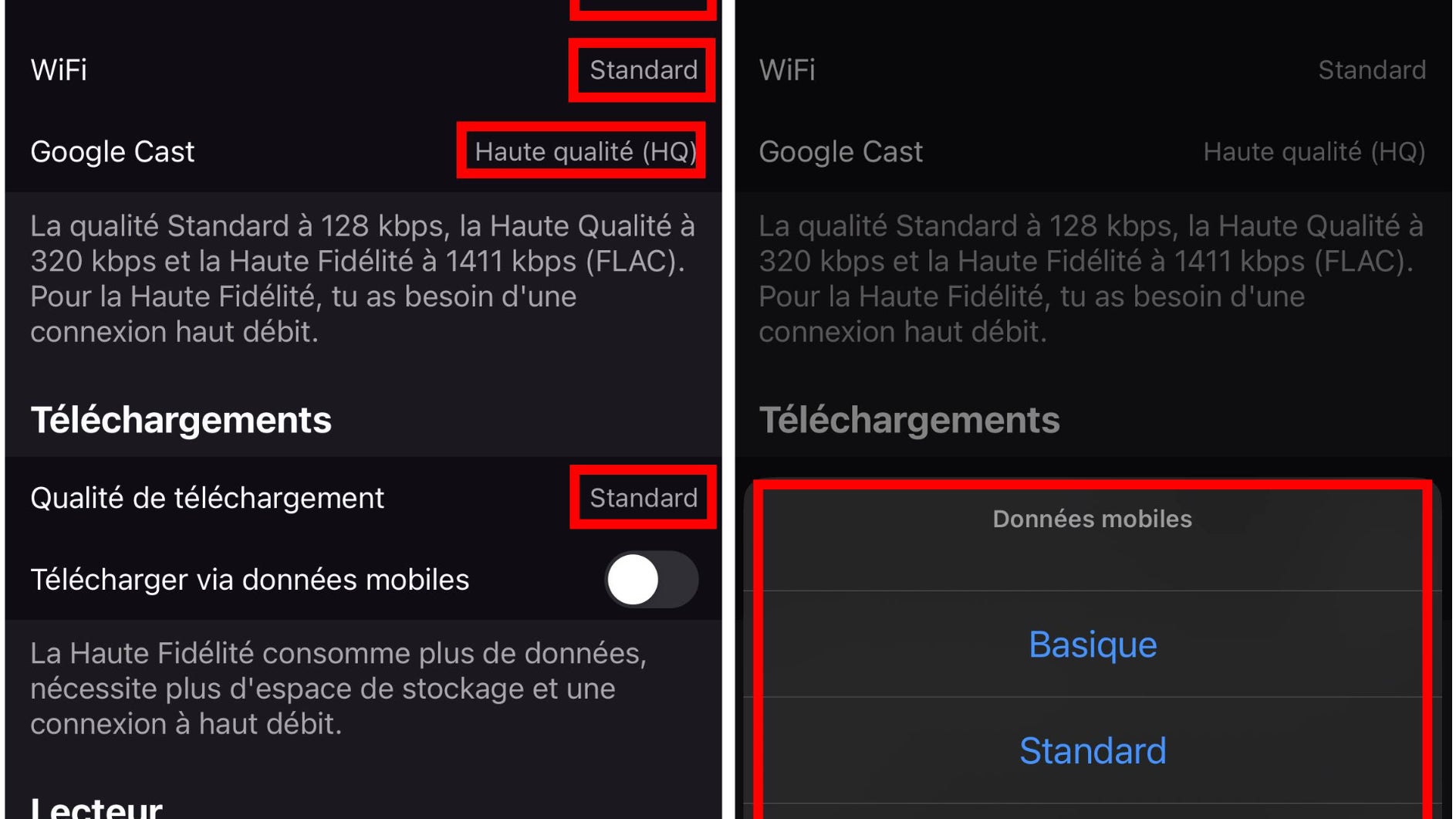 À vous de déterminer la qualité sonore de la musique que vous écoutez en streaming, lorsque vous êtes sur vos données mobiles, en wifi ou en Google Cast. Vous pouvez également choisir la qualité de vos téléchargements sur Deezer. Dans tous les cas, quatre choix s'offrent à vous : Basique, Standard, Haute qualité et Haute Fidélité.