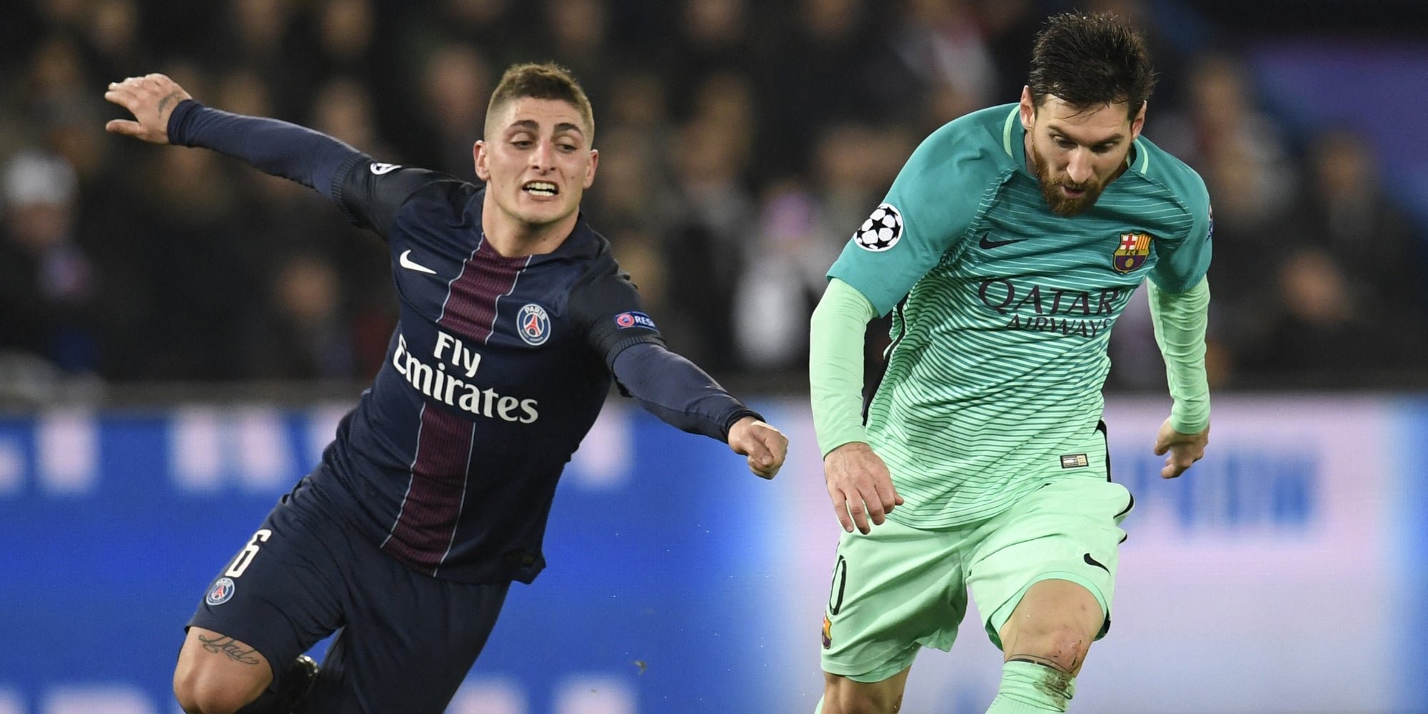 Marco Verratti et Lionel Messi, le temps des retrouvailles après le précédent choc PSG-Barça en 8e de Ligue des Champions, ici au Parc des Princes, le 14 février 2017.