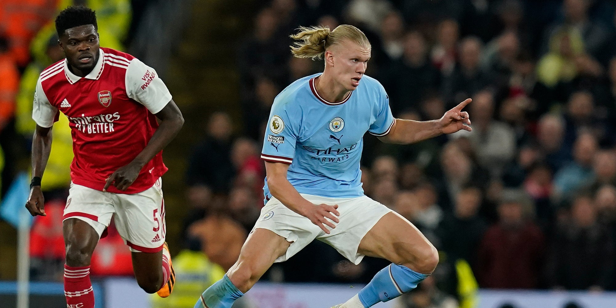 Erling Haaland lors du match Manchester City - Arsenal le 26 avril 2023, à l'Etihad Stadium (Manchester). 