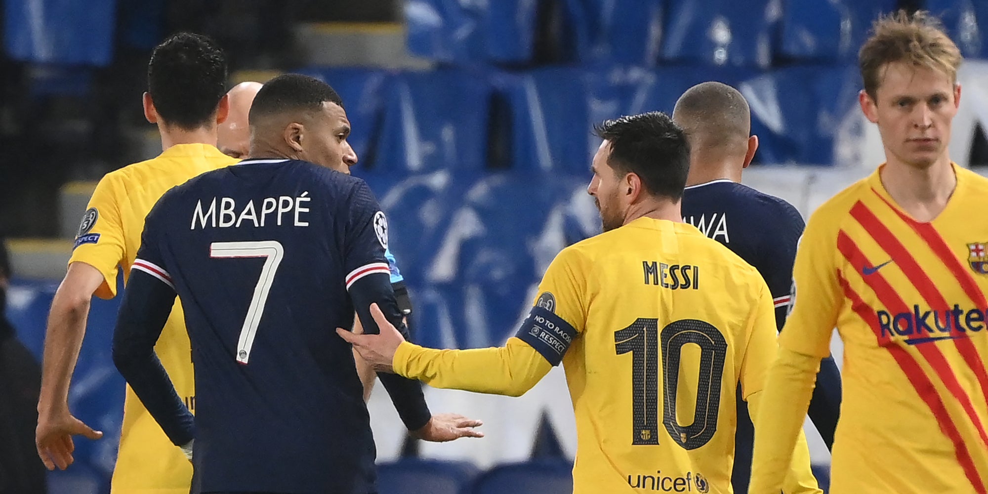 Mbappé et Messi lors de PSG-Barcelone, en 8e de finale de la Ligue des Champions, le 10 mars 2021 au Parc des Princes, Paris