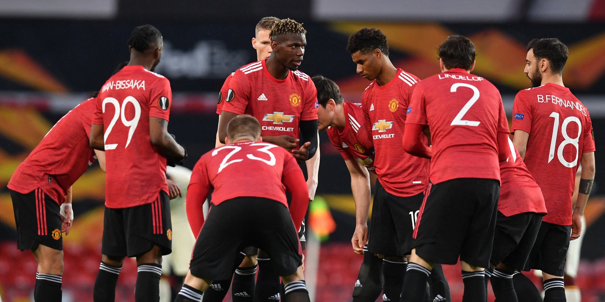 Les joueurs de Manchester United durant la demi-finale aller de Ligue Europa contre l'AS Roma, le 29 avril 2021 à Old Trafford, Manchester