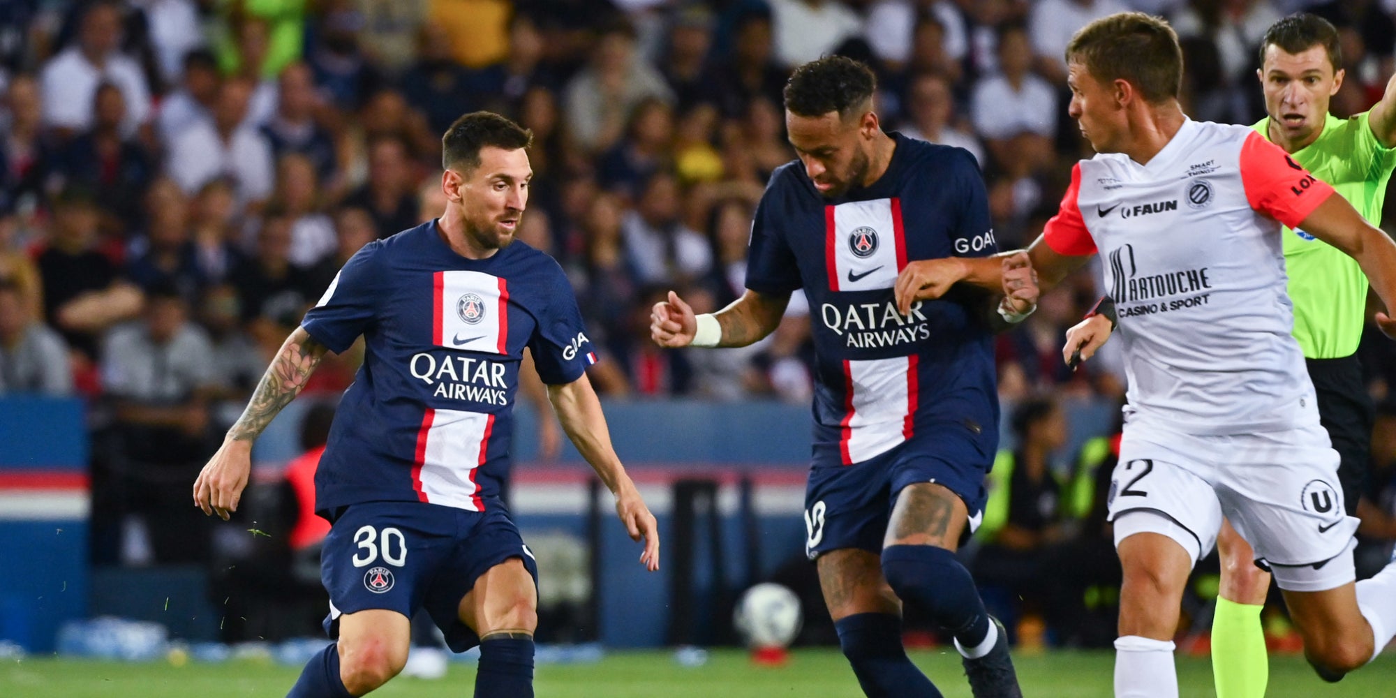 Messi et Neymar en action contre Montpellier lors de la 2e journée de Ligue 1, le 13 août 2022 au Parc des Princes, Paris