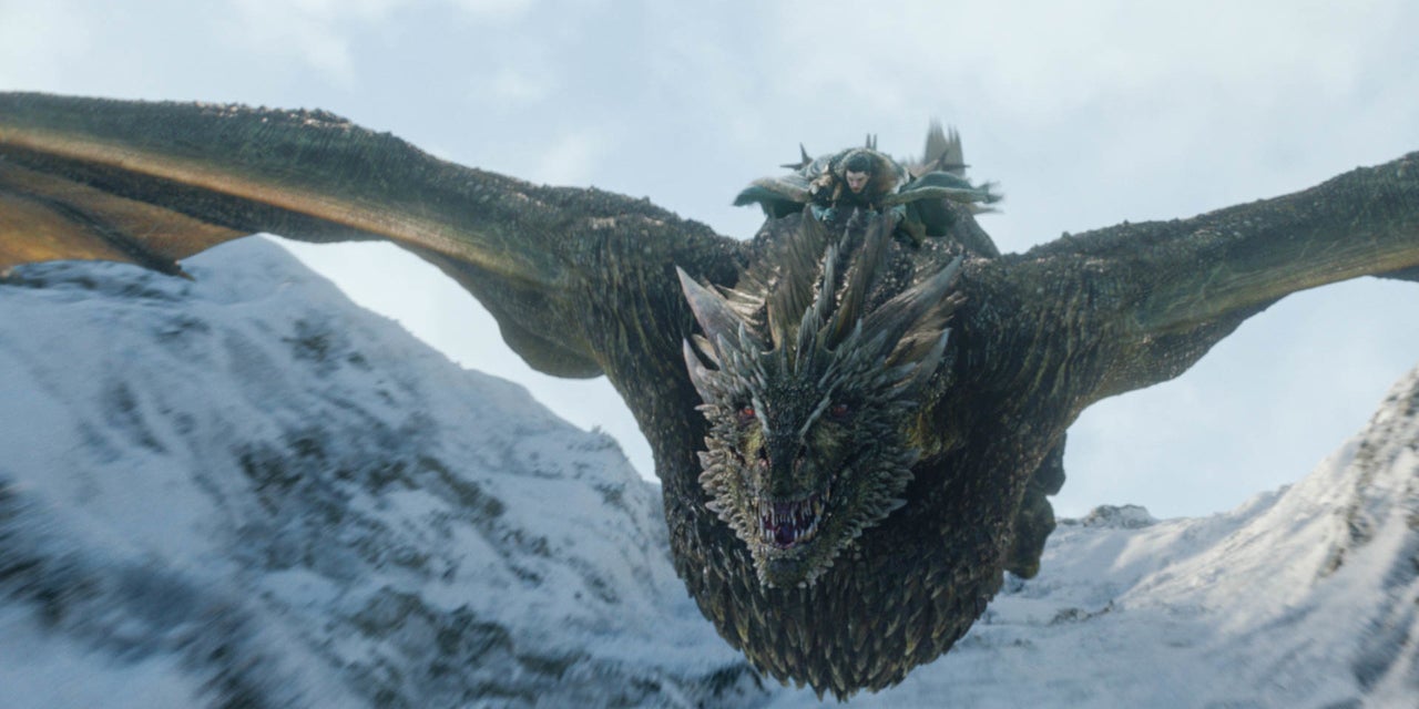 Jon Snow sur le dos de Rhaegal, dans la saison 8 de "Game of Thrones".