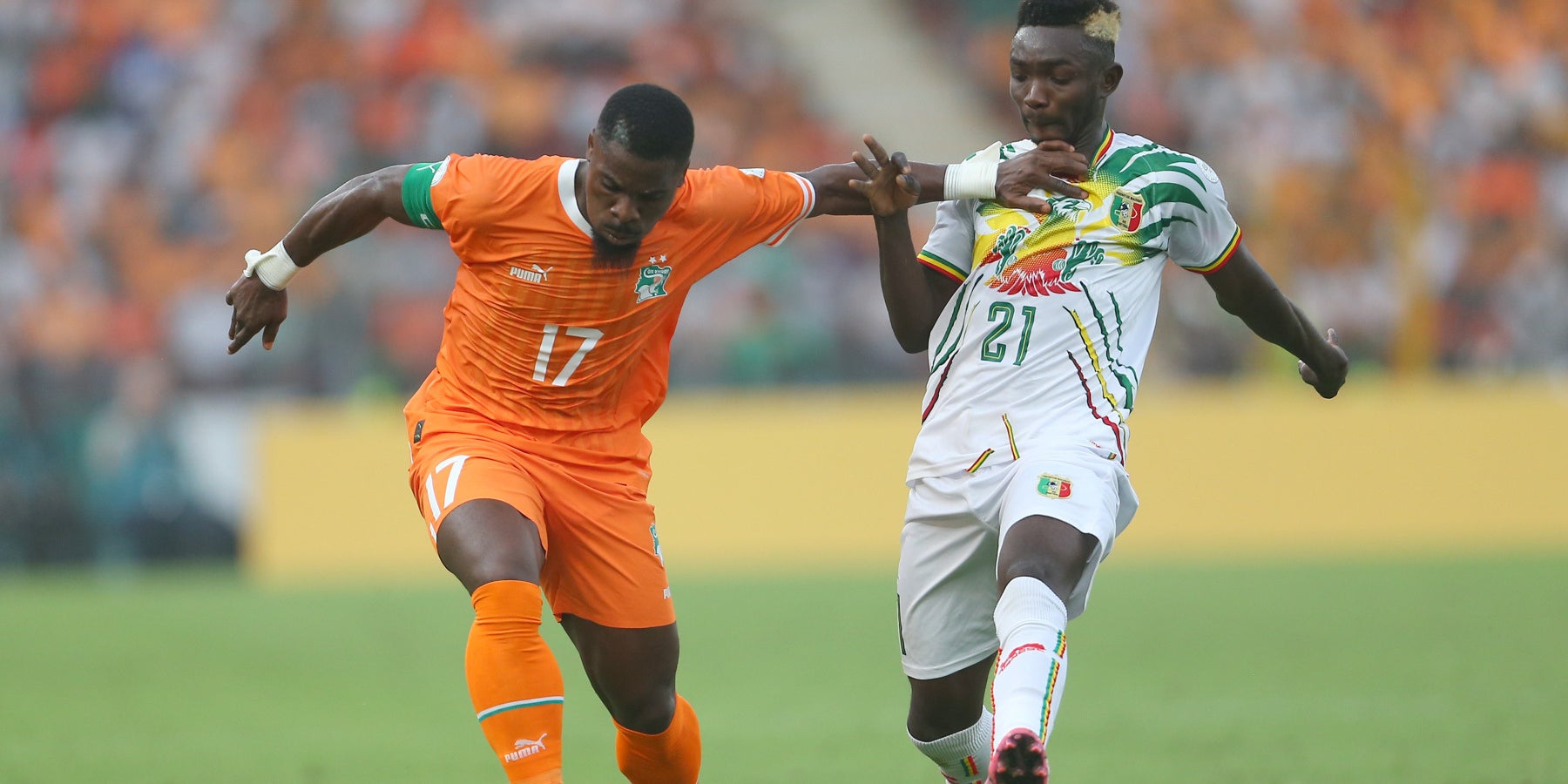 Le capitaine des Éléphants Serge Aurier lors du quart de finale de la CAN 2024 entre le Mali et la Côte d'Ivoire, le 3 février au Stade de la Paix de Bouaké (Côte d'Ivoire).