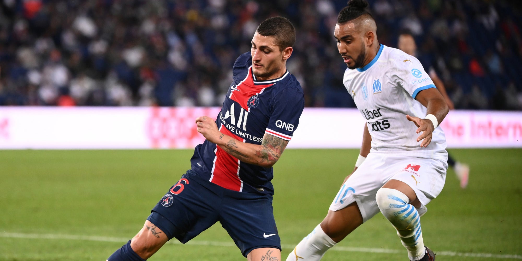 Marco Verratti et Dimitri Payet dans un face à face lors du match PSG - OM au Parc des Princes, le 13 septembre 2020.