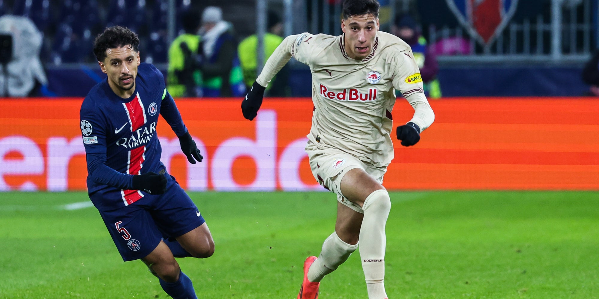 Marquinhos lors de RB Salzbourg – PSG, le 10 décembre 2024 à la Red Bull Arena (Salzbourg). 