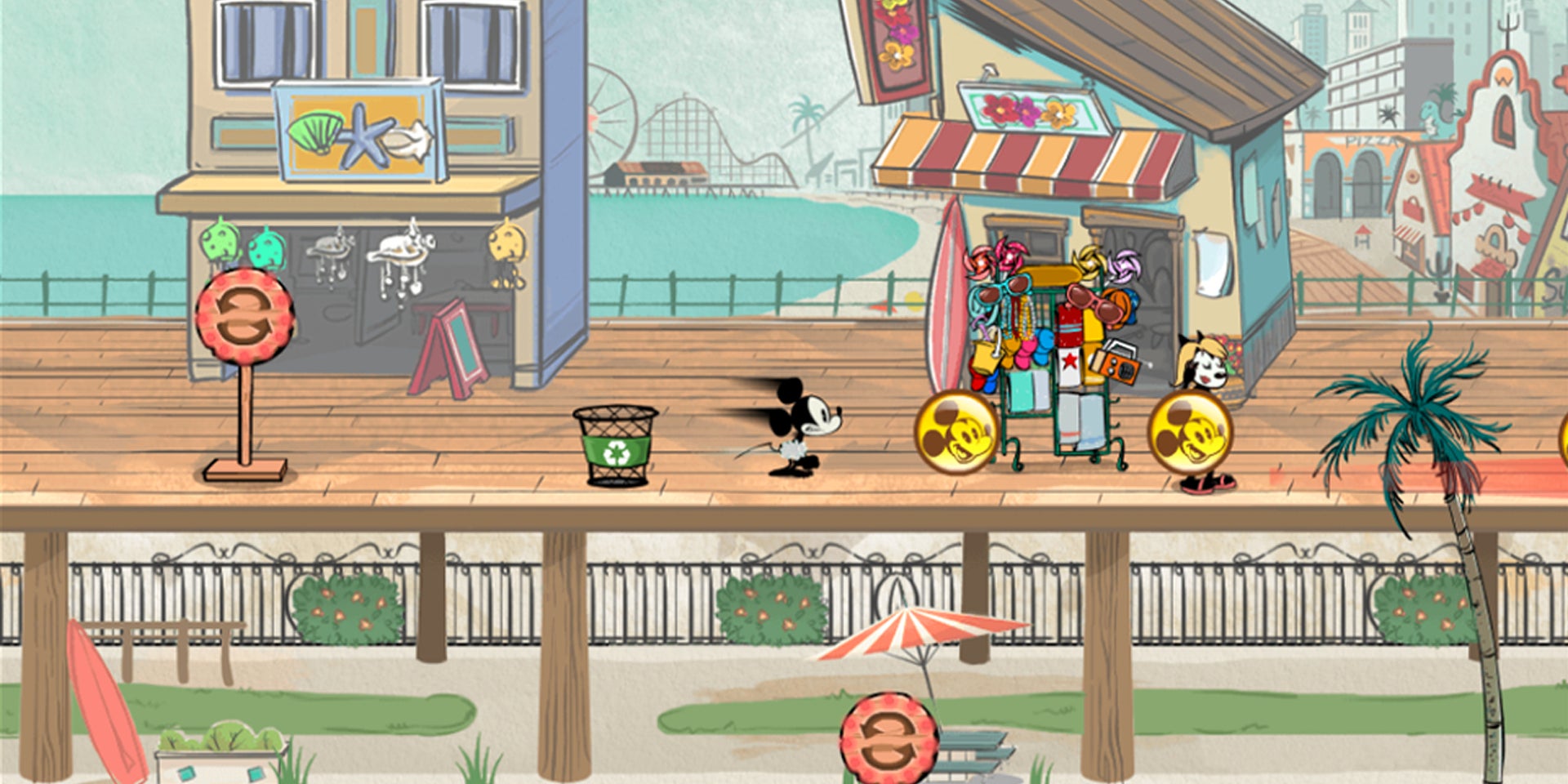 Aidez la souris aux grandes oreilles à traverser la promenade sans être vue dans "Mickey Mouse: Le cache-cache de Mickey".