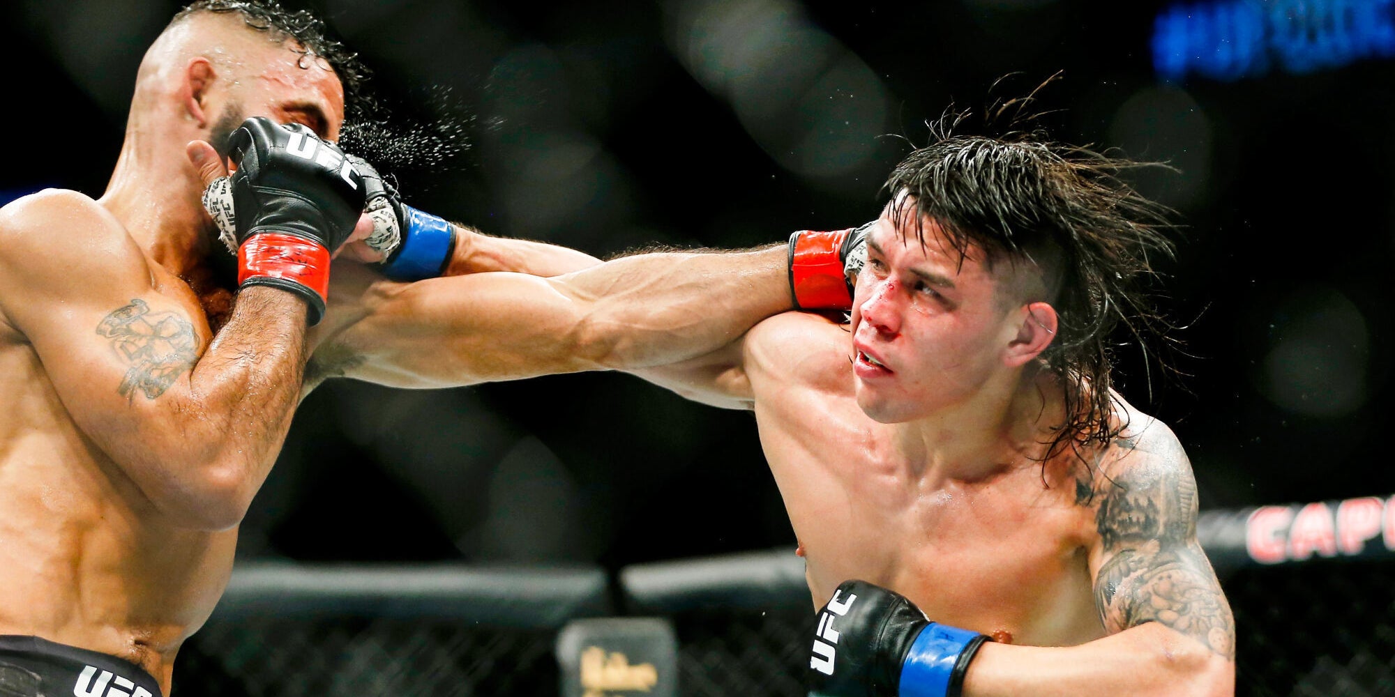 Ricky Simon (gants bleus) face à Rob Font (gants rouges) lors de l'UFC Fight Night à Washington, le 7 décembre 2019