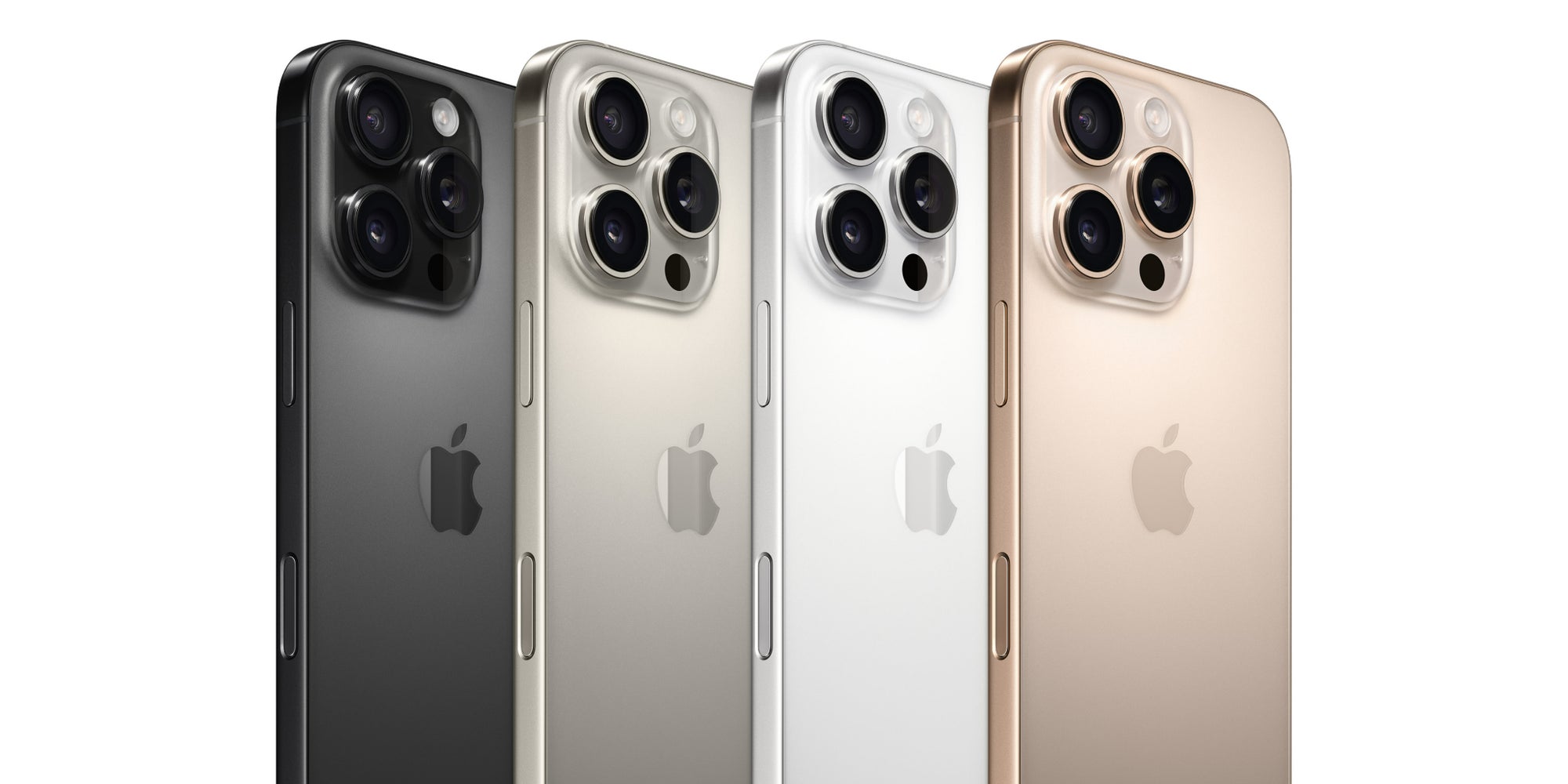 Les iPhone 16 Pro dans leurs différents coloris : Titane noir, Titane naturel, Titane blanc et Titane sable.
