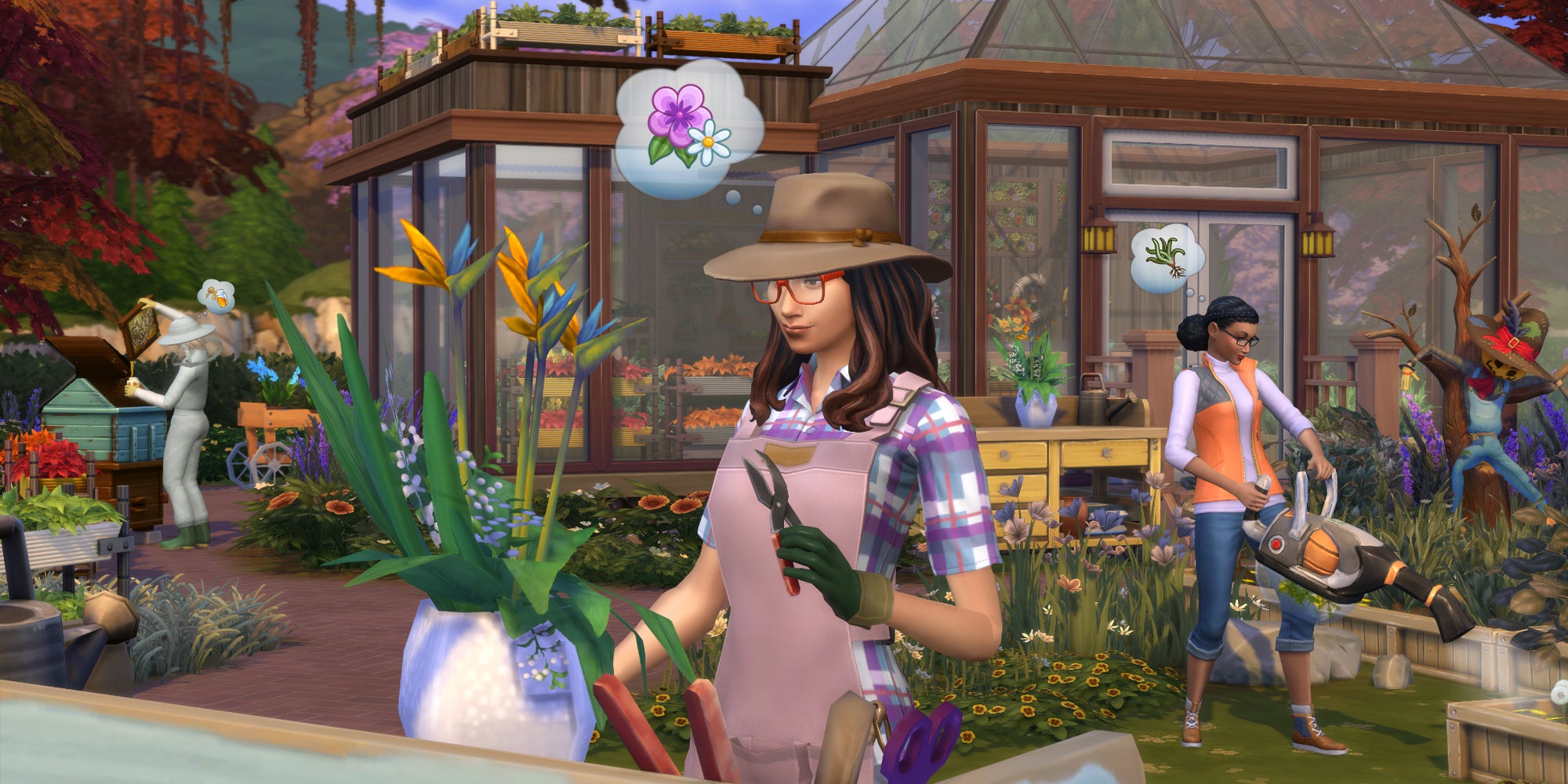 Une Sims en pleine séance de jardinage dans Les Sims 4 Seasons.