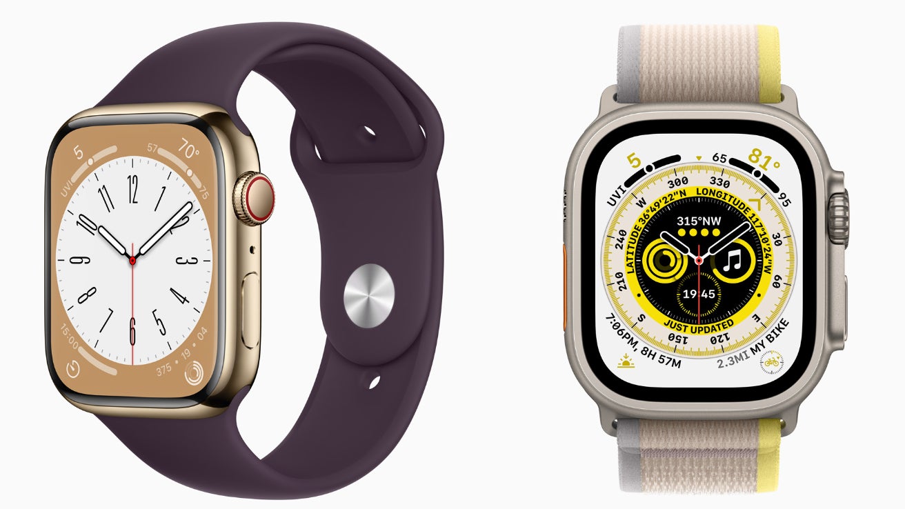 L'Apple Watch Series 8 à gauche, l'Apple Watch Ultra au centre, et l'Apple Watch SE 2ème génération à droite.