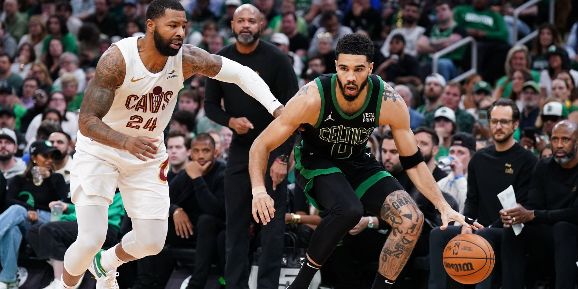 Jayson Tatum lors des demi-finales de Conférence opposant les Boston Celtics aux Cleveland Cavaliers, le 15 mai 2024 au TD Garden (Boston).
