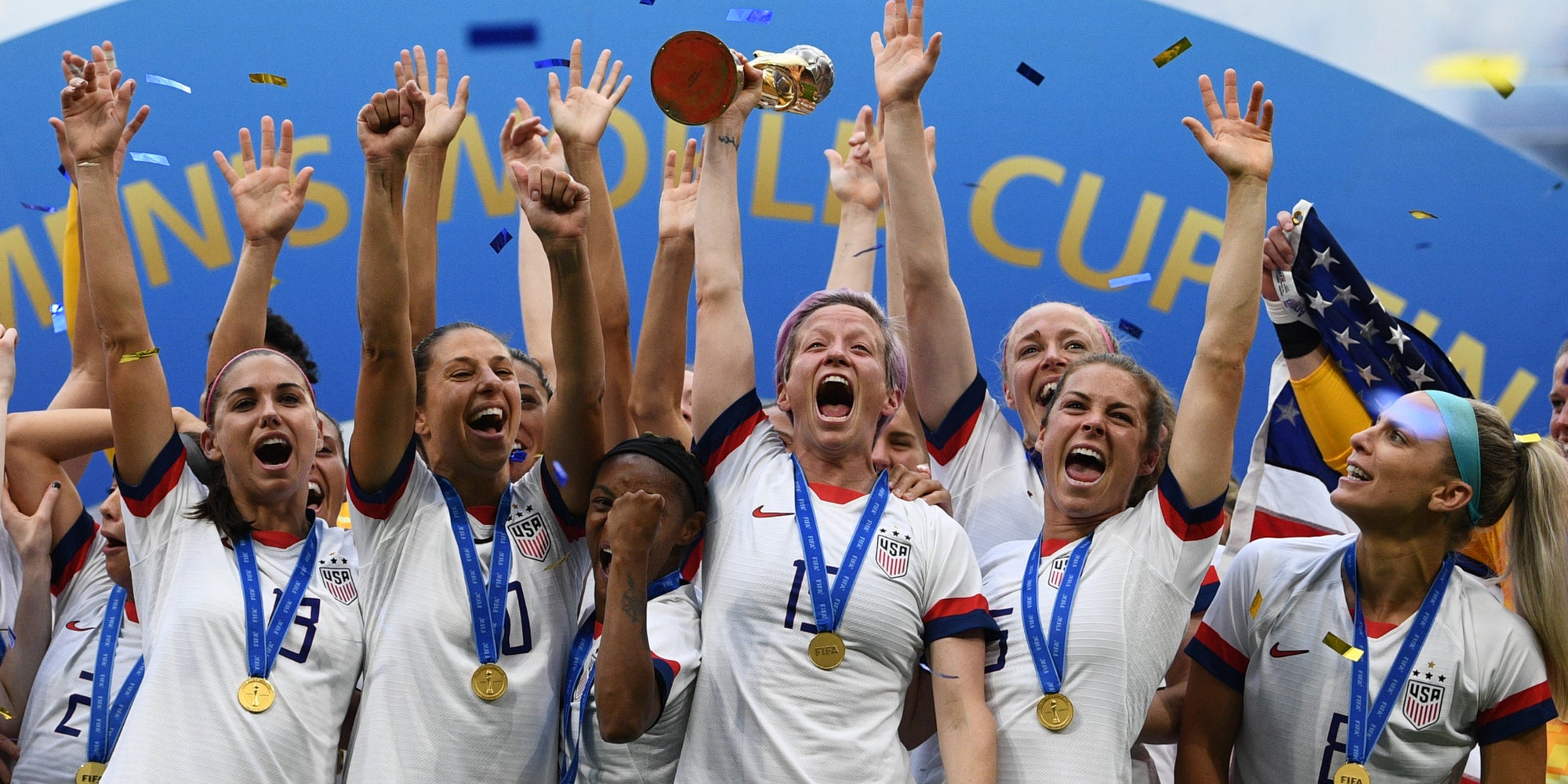 Les joueuses américaines célèbrent leur victoire en Coupe du Monde, à Lyon, le 7 juillet 2019. 
