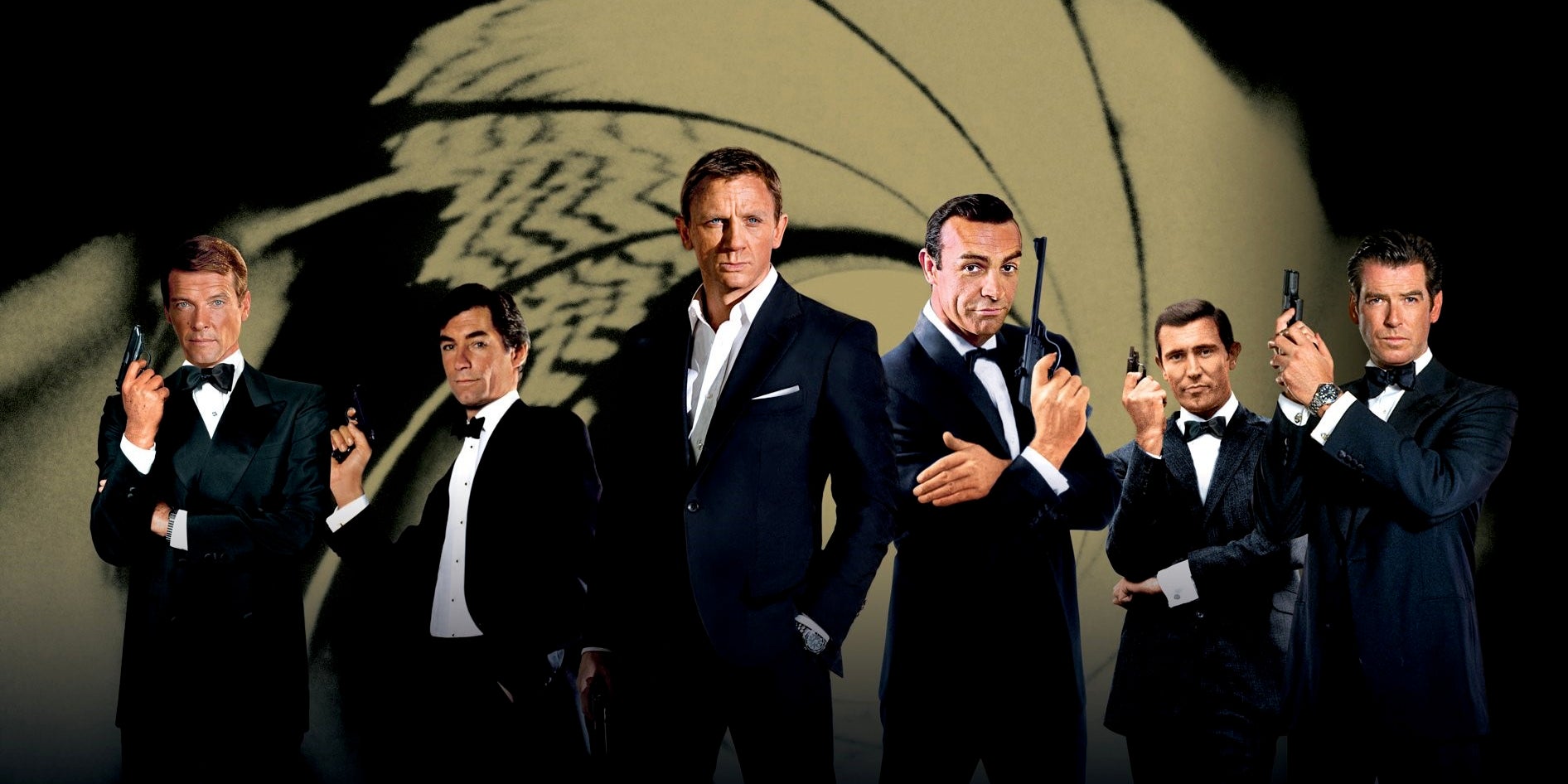 Roger Moore, Timothy Dalton, Daniel Craig, Sean Connery, George Lazenby et Pierce Brosnan incarnant l'agent 007.