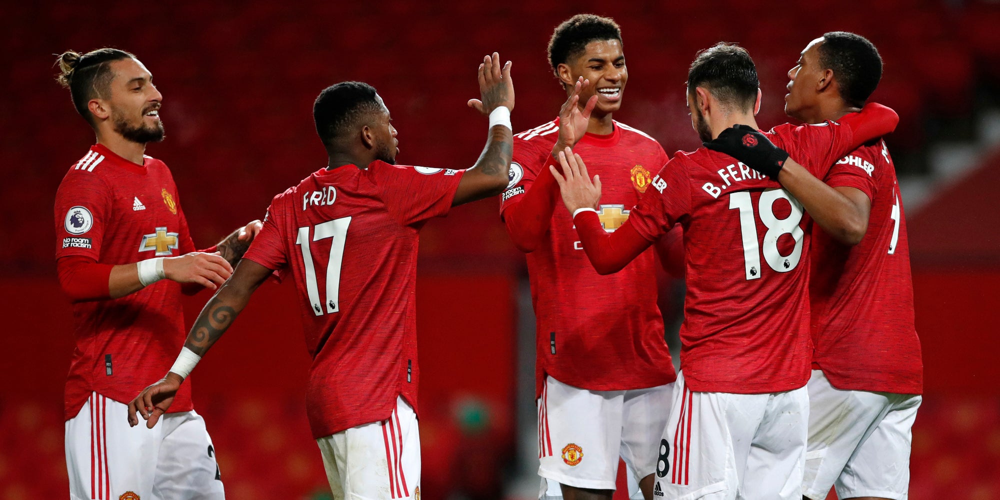 Les joueurs de Manchester United lors de la victoire 6-2 contre Leeds, le 20 décembre 2020 à Old Trafford, Manchester