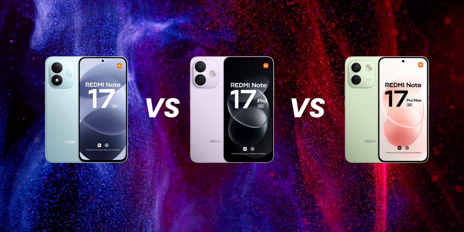Comparatif entre les Xiaomi Redmi Note 17 5G, Redmi Note 17 Pro 5G et Redmi Note 17 Pro Max 5G.