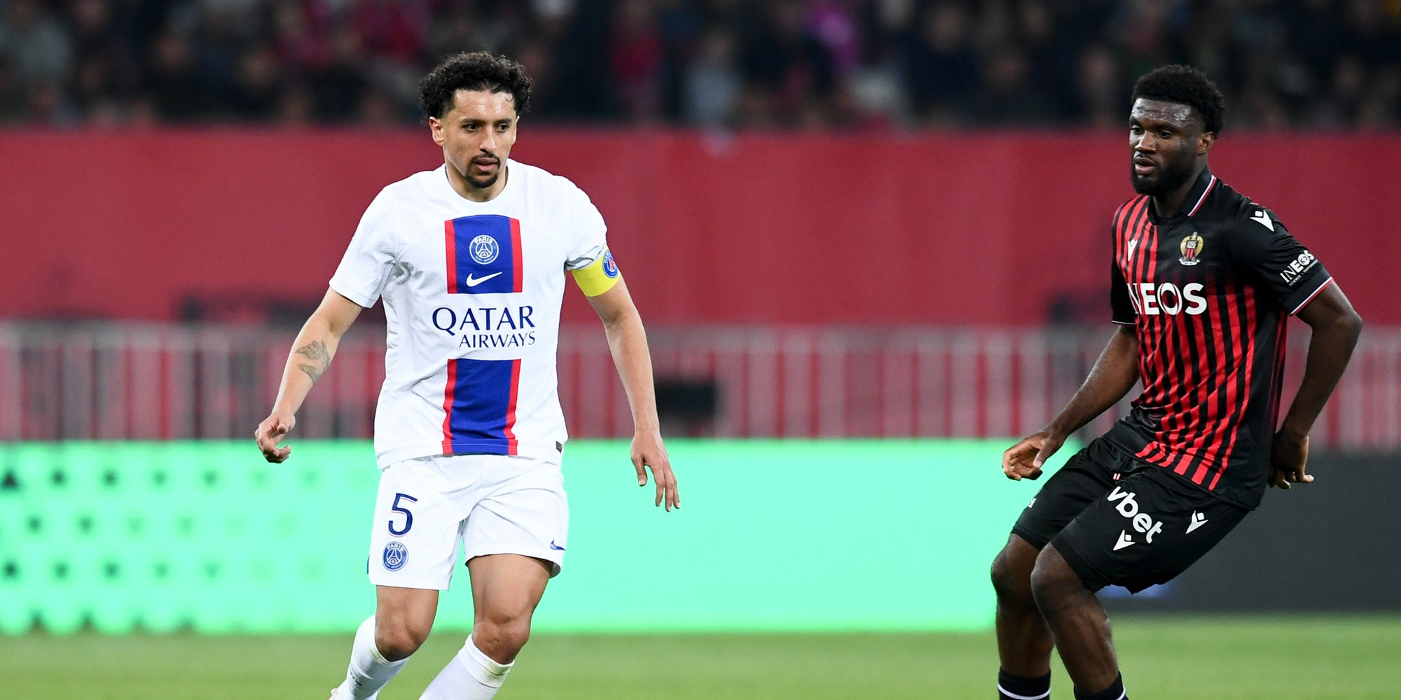 Le capitaine du PSG Marquinhos lors de la rencontre entre Nice et le PSG, le 8 avril 2023 à l'Allianz Riviera (Nice).