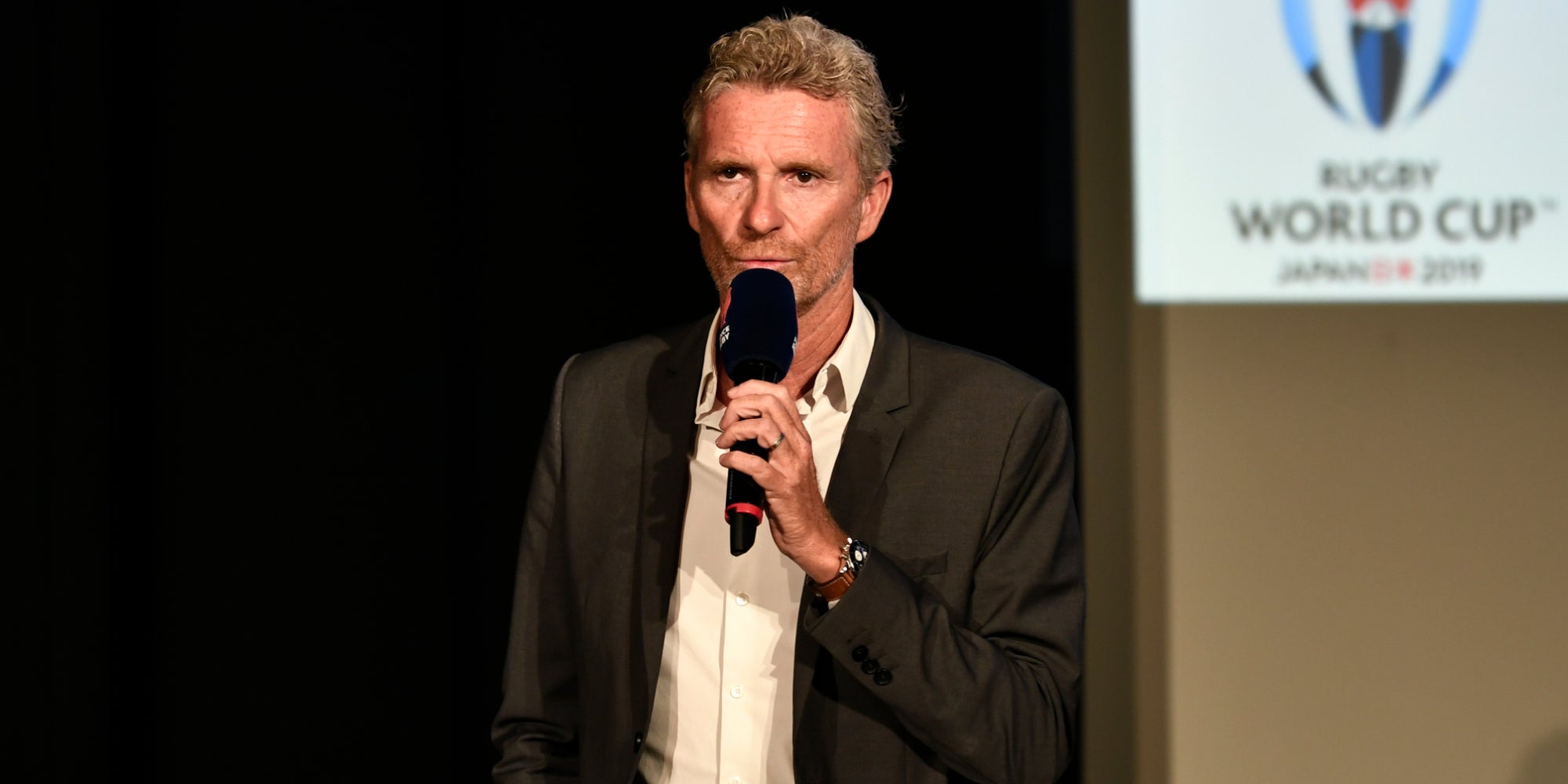 Denis Brogniart lors de la conférence de presse pour la coupe du monde de rugby 2019.