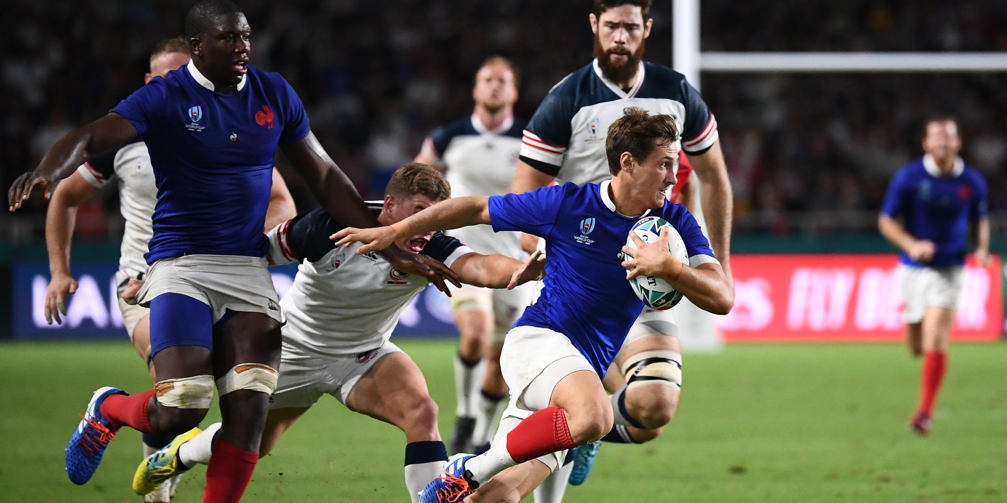 Baptiste Serin et le XV de France affrontaient les États-Unis en Coupe du Monde de rugby, à Fukuoka au Japon, le 2 septembre 2019.