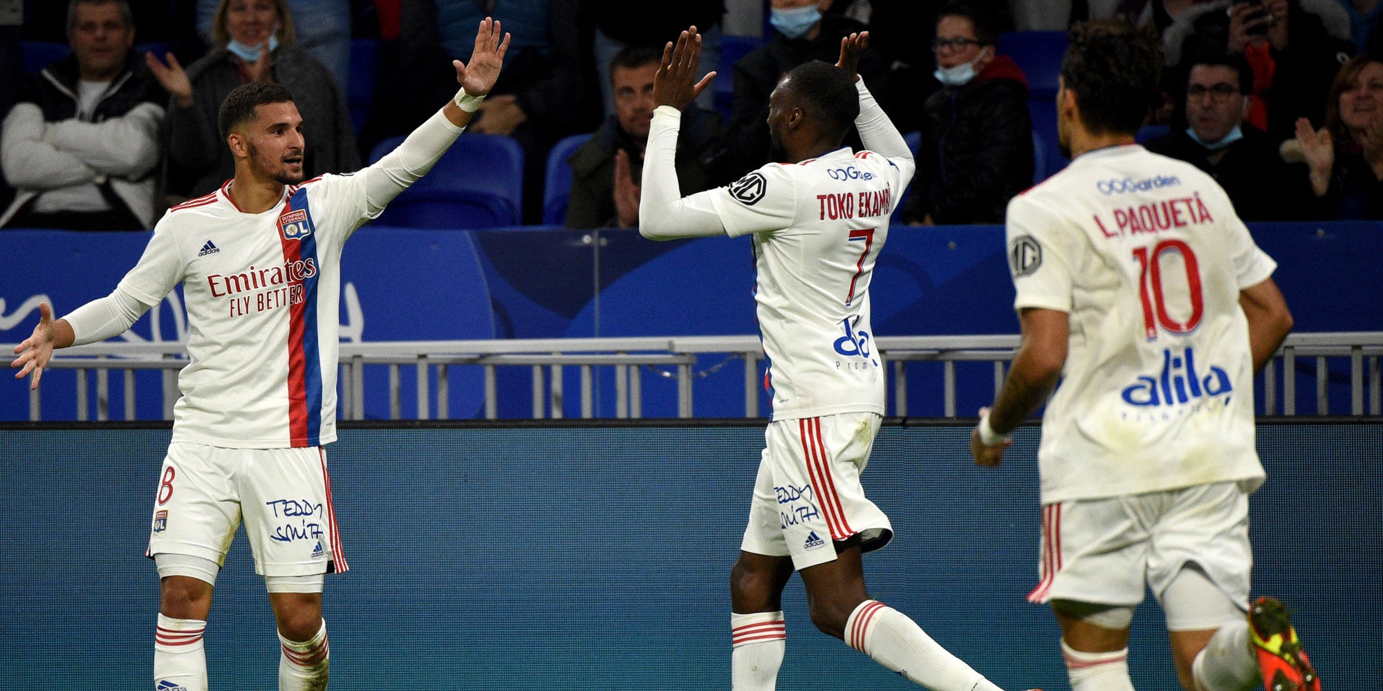 Les joueurs de Lyon lors du match de Ligue 1 contre Lens, le 30 octobre 2021 au Groupama Stadium, Décines-Charpieu